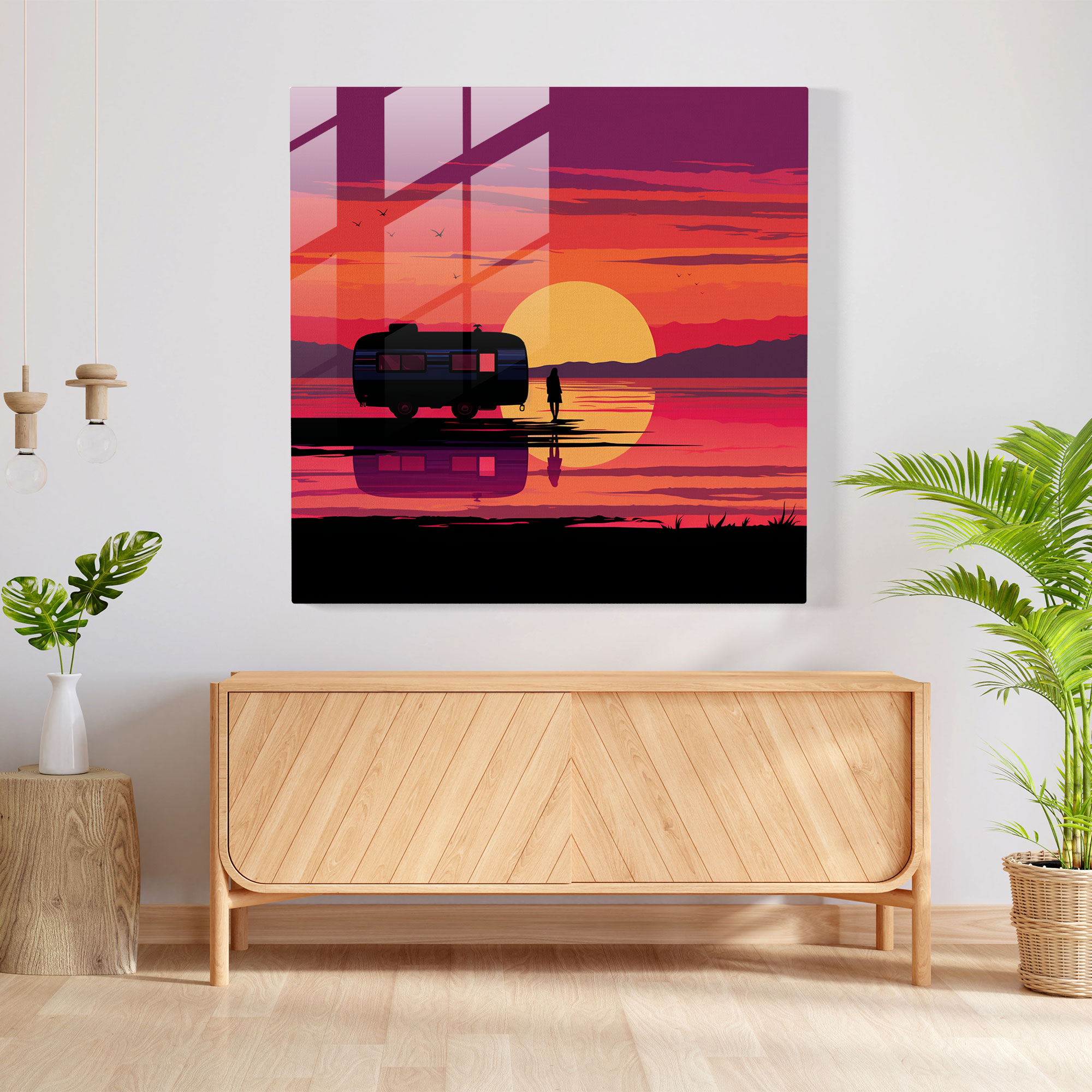 Sunset Caravan Glass Print - Caravan, Colorful Sunset, Glass Wall Art, Exploration