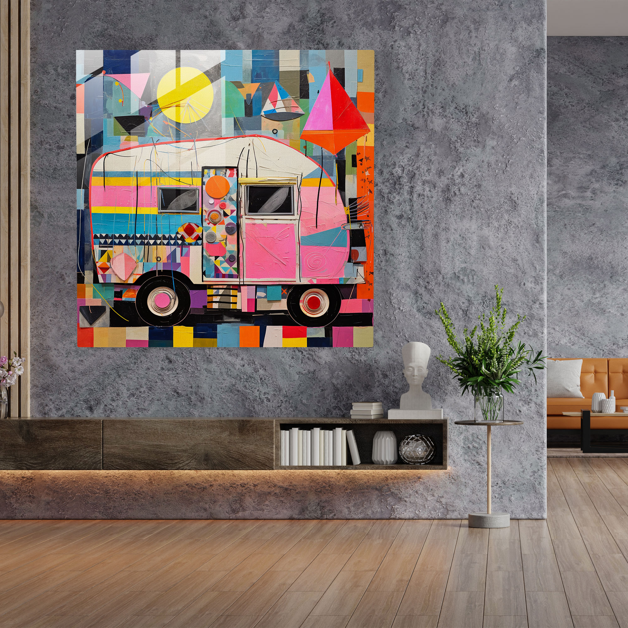 Geometric Caravan Glass Print - Caravan, Abstract Collage, Wall Decoration, Glass Art