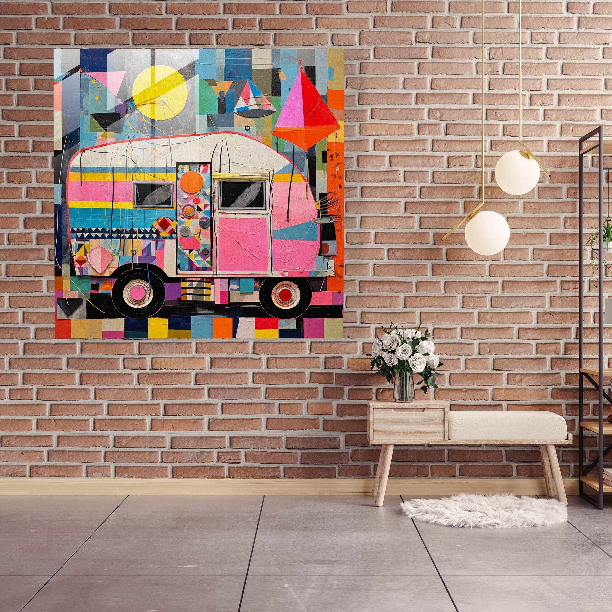 Geometric Caravan Glass Print - Caravan, Abstract Collage, Wall Decoration, Glass Art