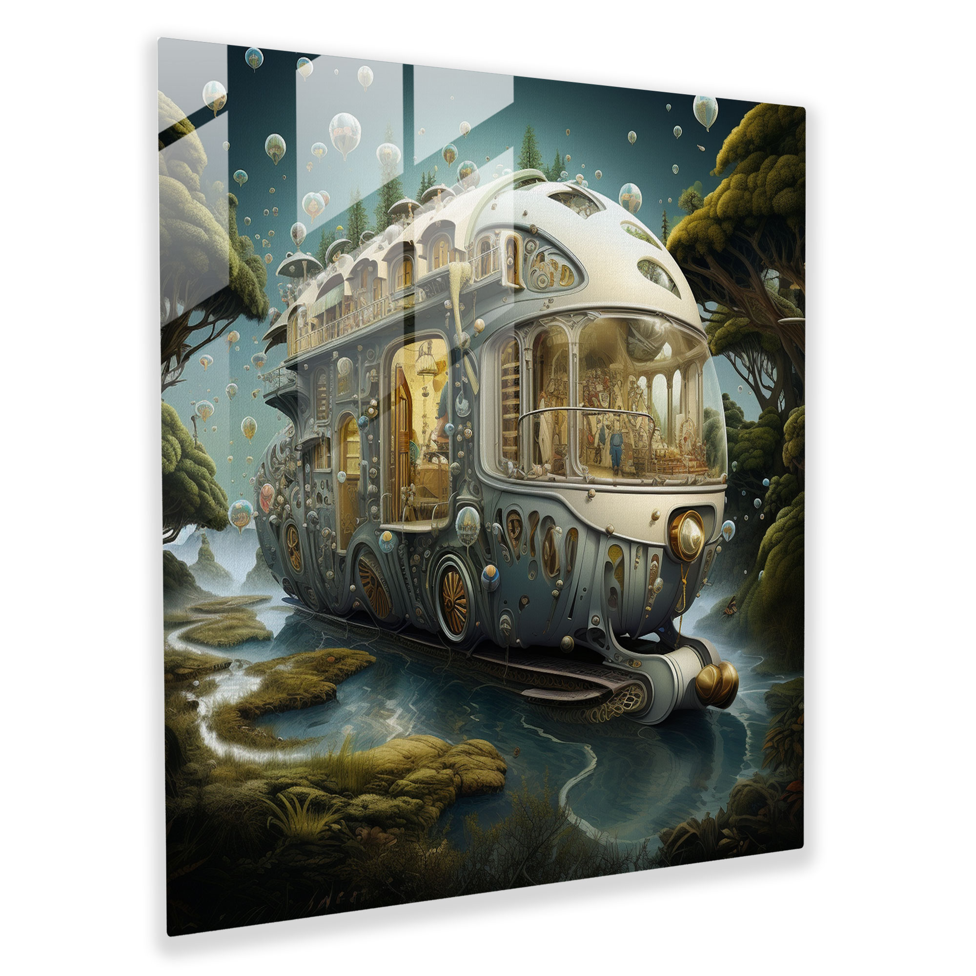 Floating Dreams Caravan Glass Print - Caravan, Home Decoration, Surreal Artwork, Fantasy