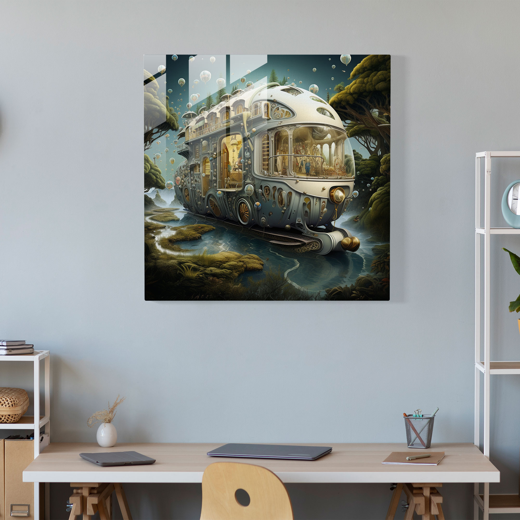 Floating Dreams Caravan Glass Print - Caravan, Home Decoration, Surreal Artwork, Fantasy