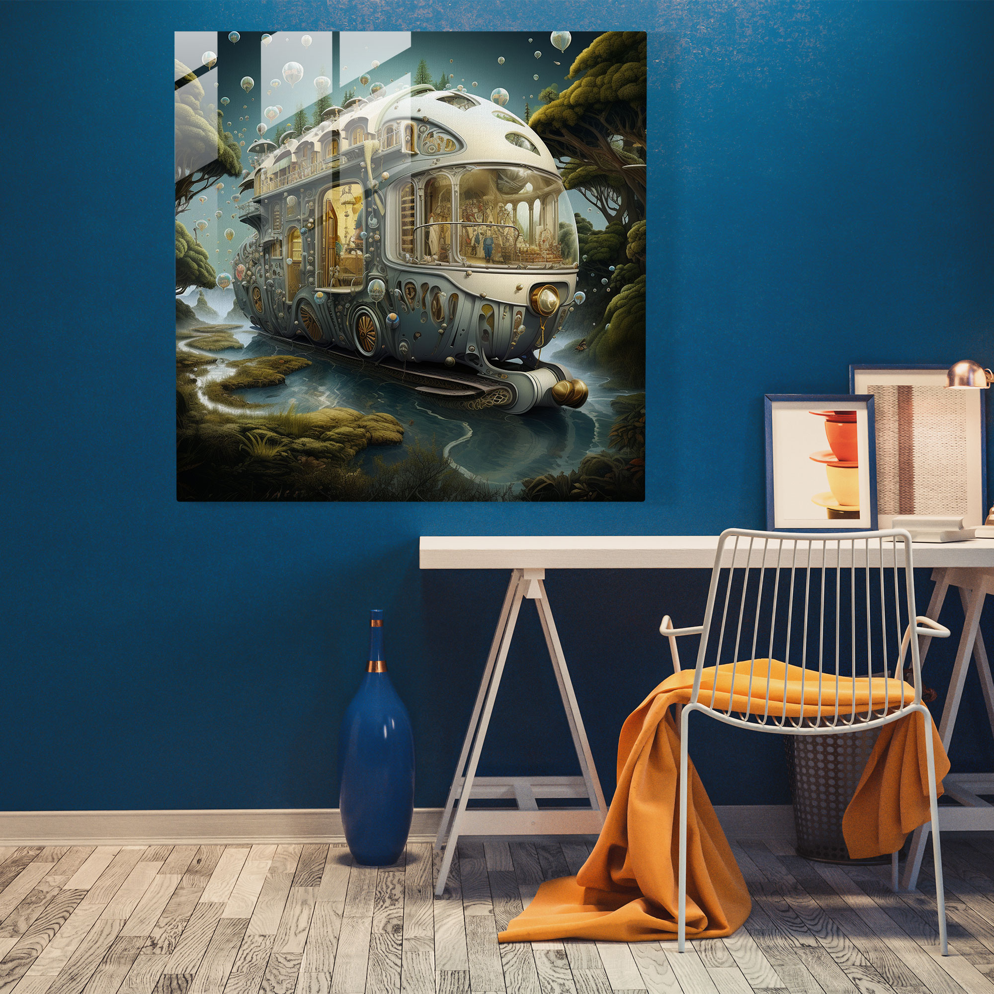 Floating Dreams Caravan Glass Print - Caravan, Home Decoration, Surreal Artwork, Fantasy