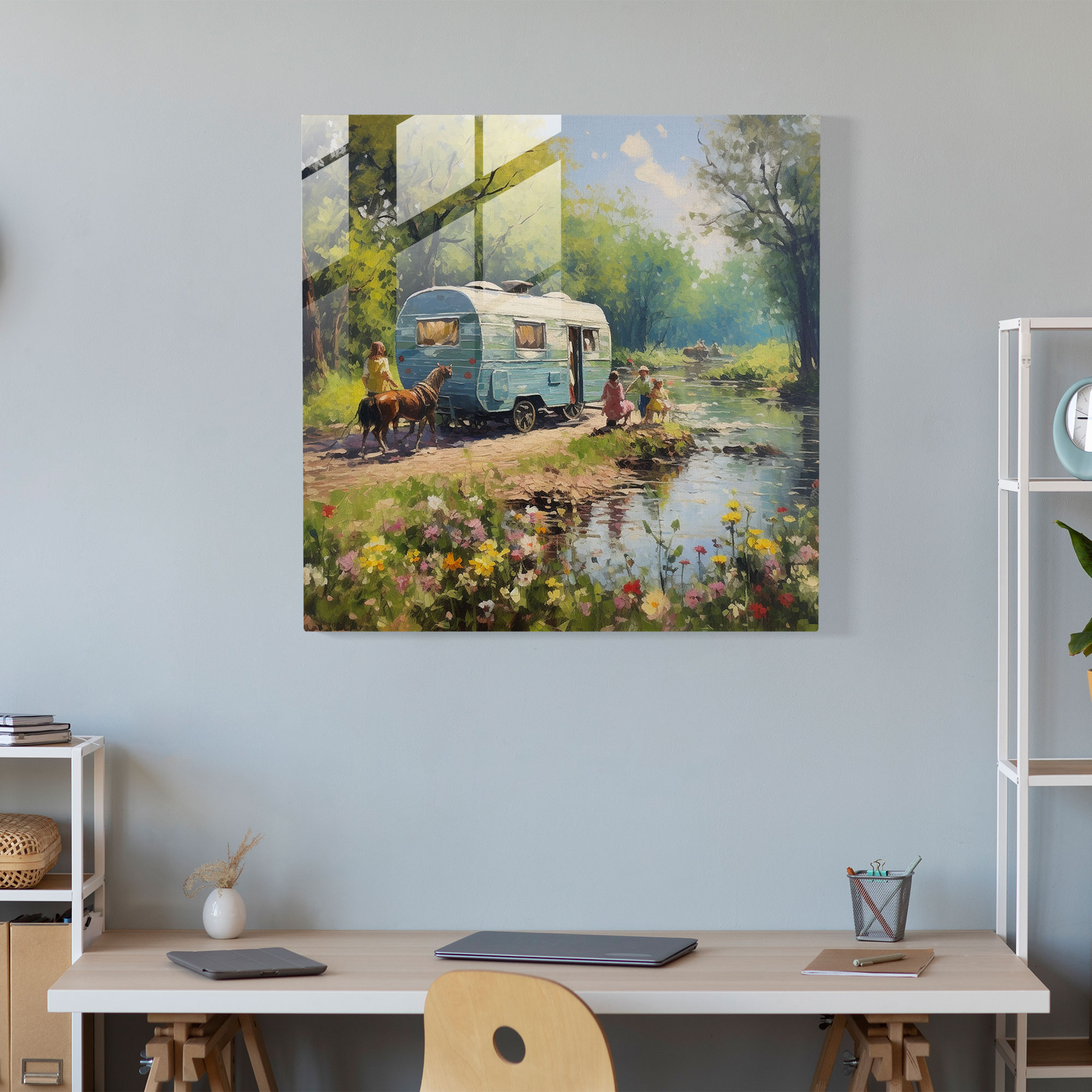 Riverside Caravan Glass Print - Caravan, Wall Decoration, Gypsies, Modern Art