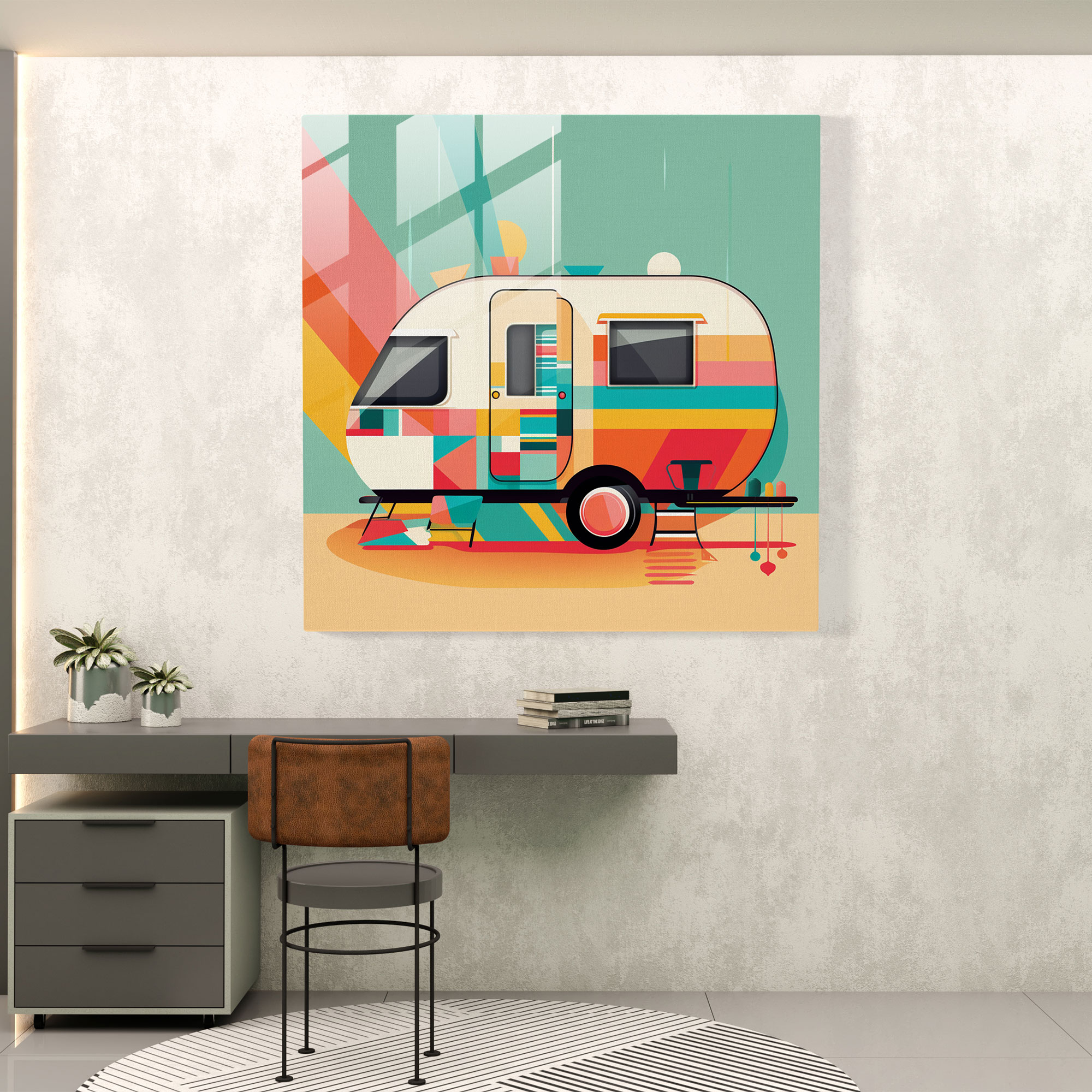 Geometrisches Karawanen-Glasbild - Karawane Grafikdesign Wanddekoration Glaswandkunst