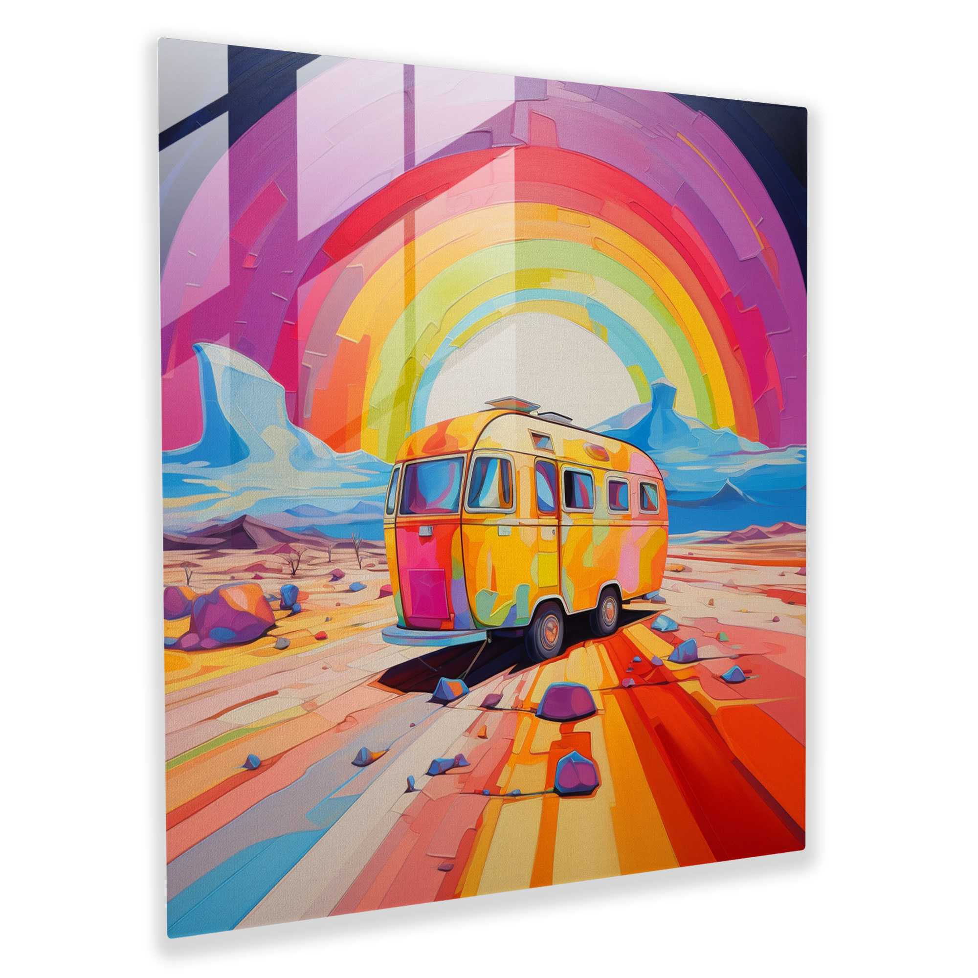 Colorful Caravan Glass Print - Caravan, Home Decoration, Adventure, Glass Wall Art