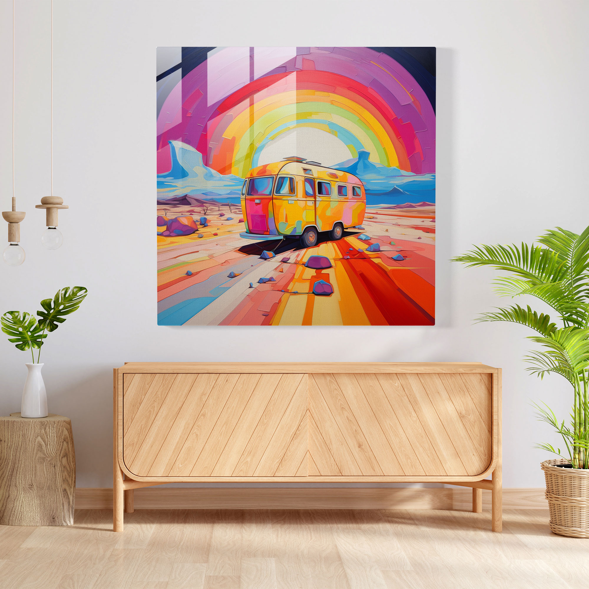 Colorful Caravan Glass Print - Caravan, Home Decoration, Adventure, Glass Wall Art