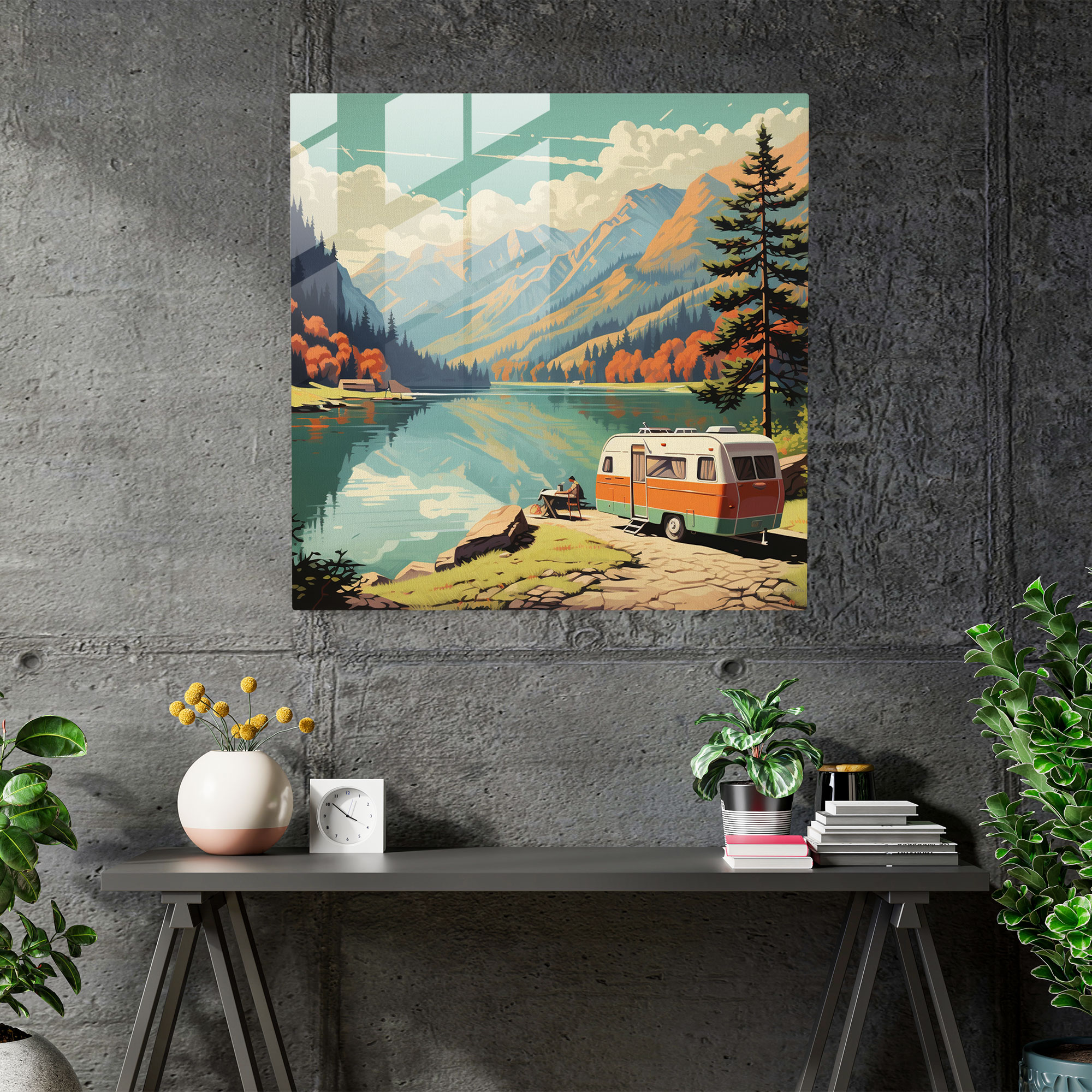 Serene Lake Caravan Glass Print - Caravan, Glass Art, Vintage Travel Poster, Glass Wall Art