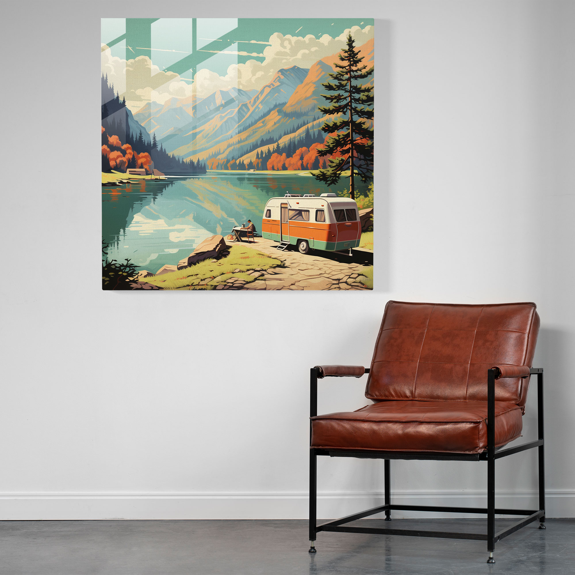 Serene Lake Caravan Glass Print - Caravan, Glass Art, Vintage Travel Poster, Glass Wall Art