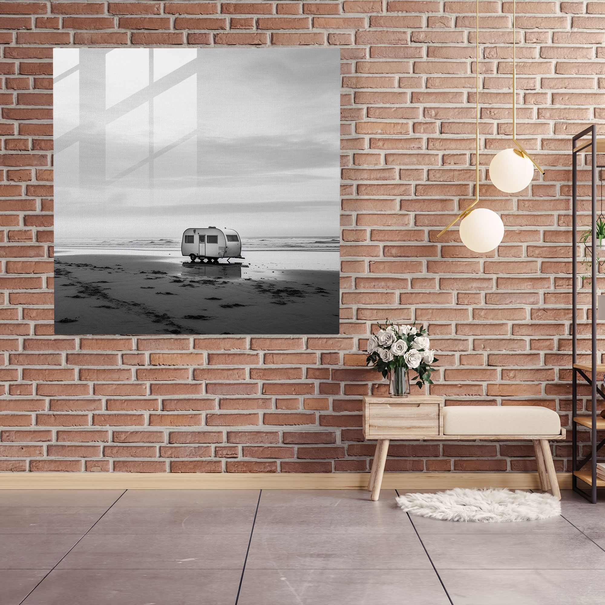 Einsame Strand Wohnwagen Glasbild - Wohnwagen Glas Wandkunst Wanddekoration Moderne Kunst
