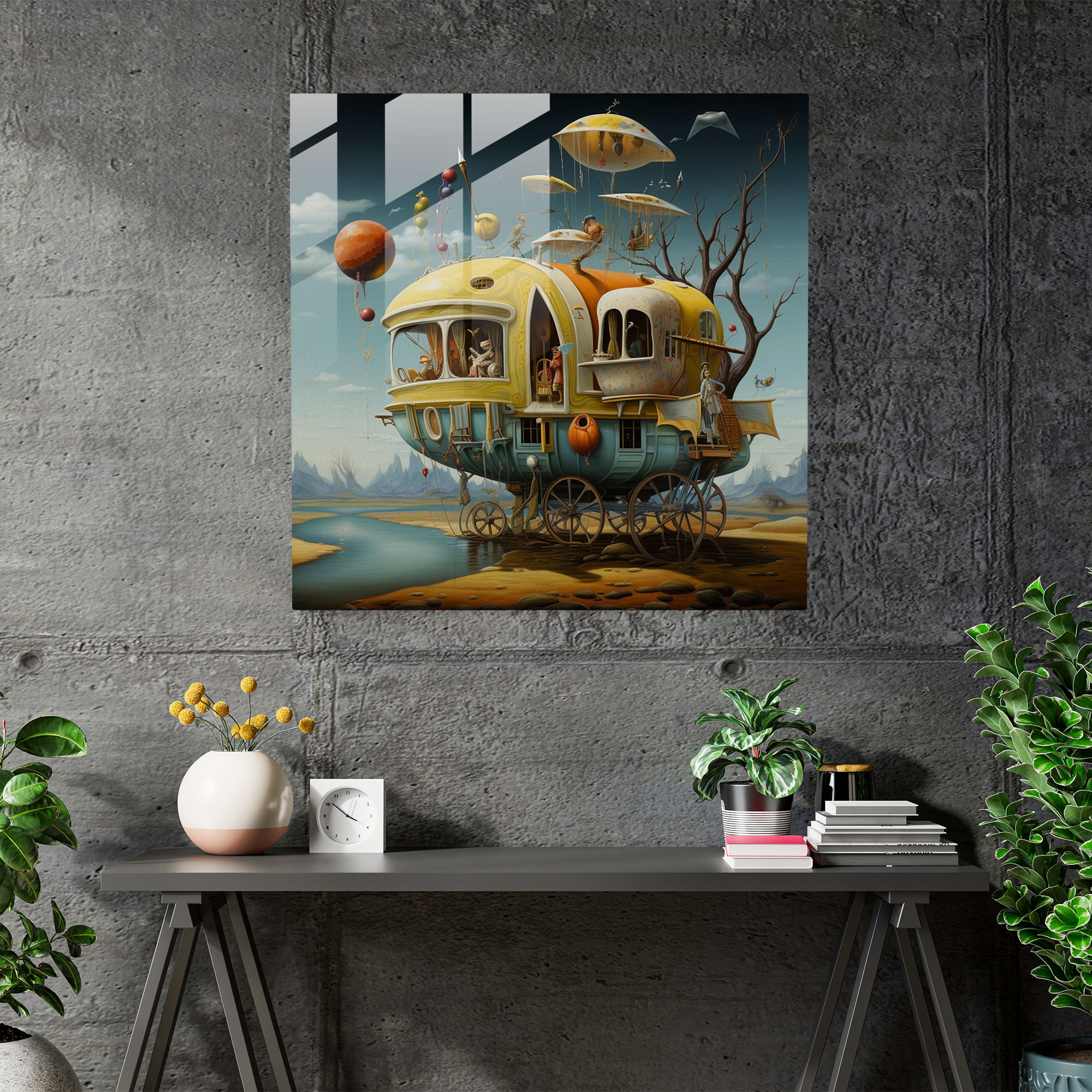 Dreamlike Caravan Glass Print - Caravan, Glass Art, Home Decoration, Modern Art