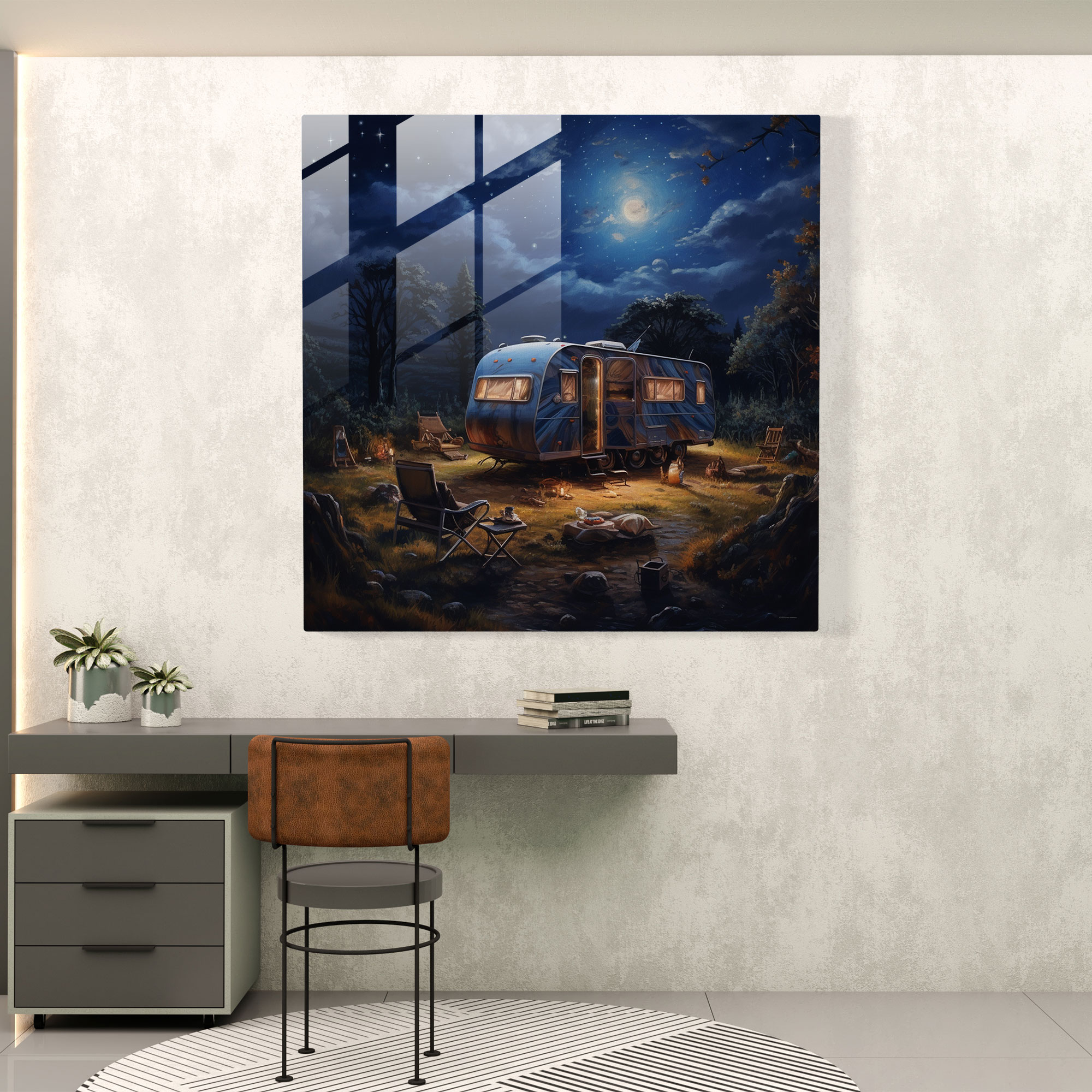 Starry Night Caravan Glass Print - Caravan, Glass Wall Art, Glass Art, Adventure