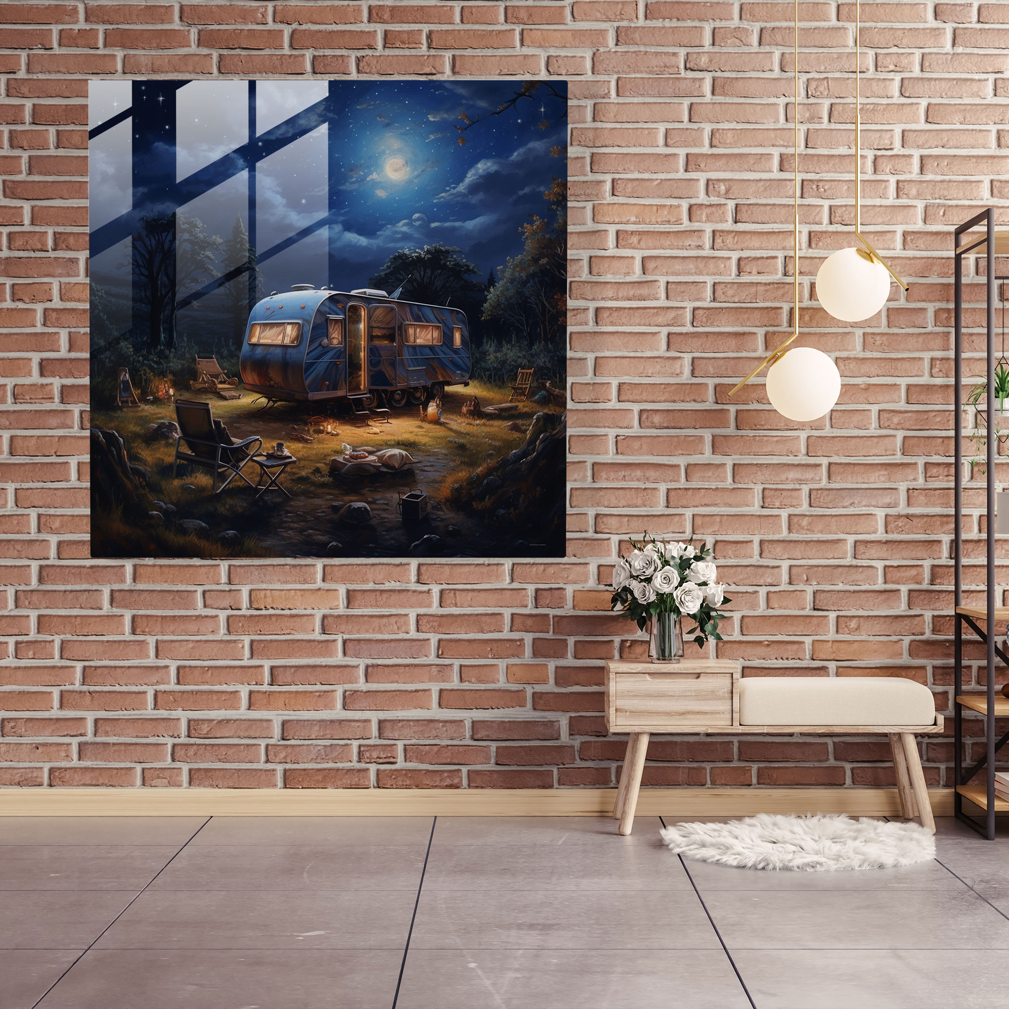 Starry Night Caravan Glass Print - Caravan, Glass Wall Art, Glass Art, Adventure