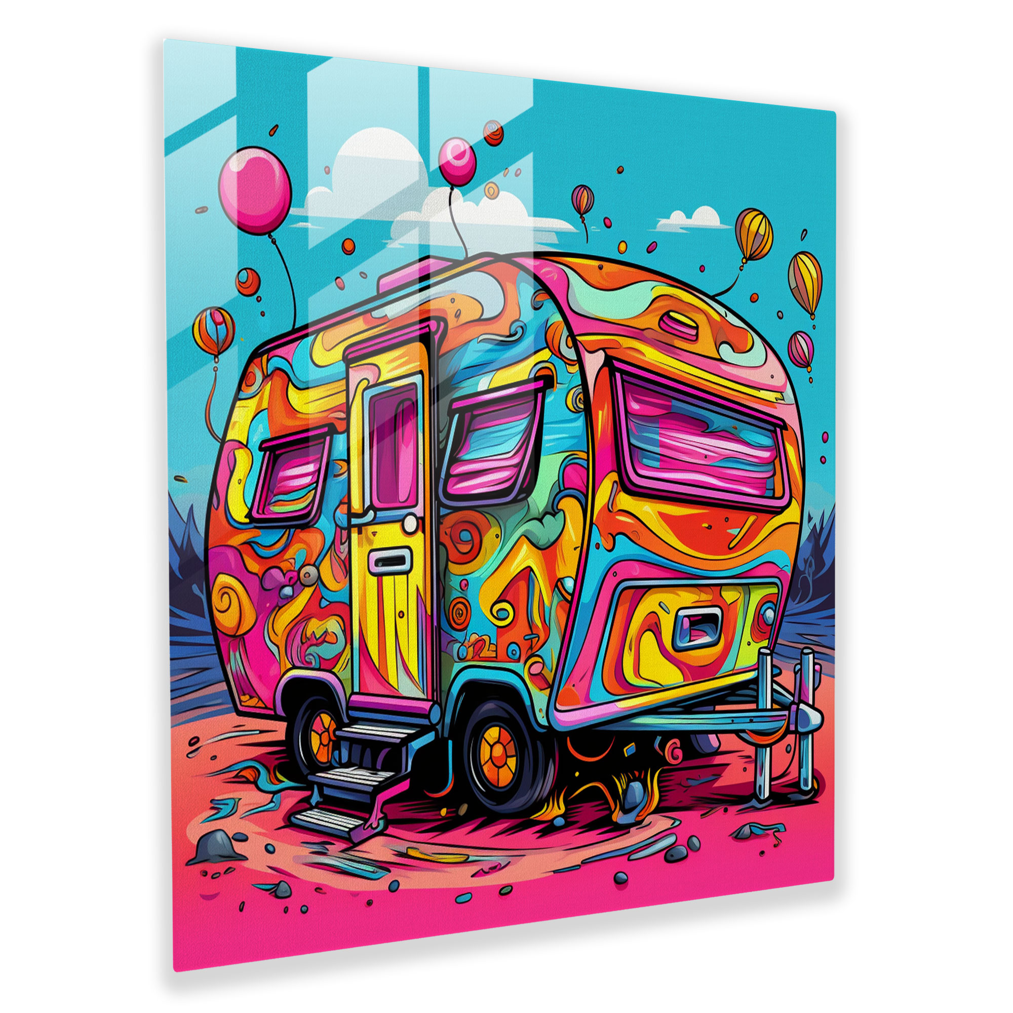 Bold Adventure Caravan Glass Print - Caravan, Pop Art Inspired Design, Modern Art, Home Decoration