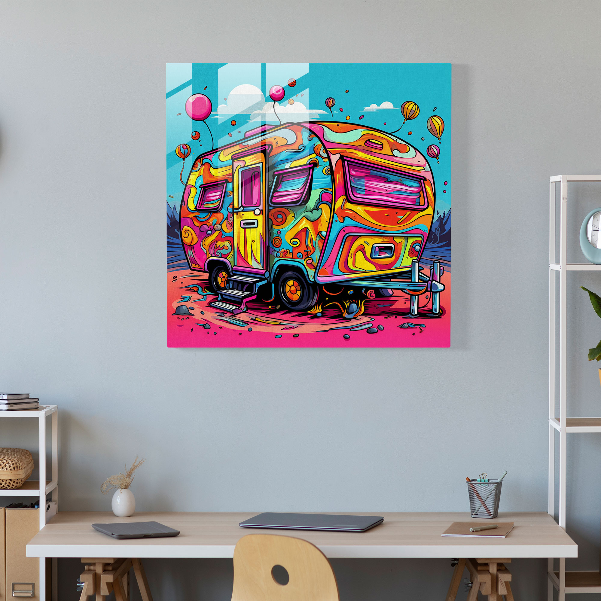 Bold Adventure Caravan Glass Print - Caravan, Pop Art Inspired Design, Modern Art, Home Decoration