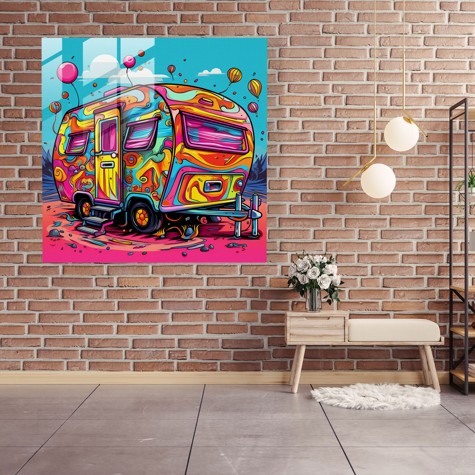 Bold Adventure Caravan Glass Print - Caravan, Pop Art Inspired Design, Modern Art, Home Decoration