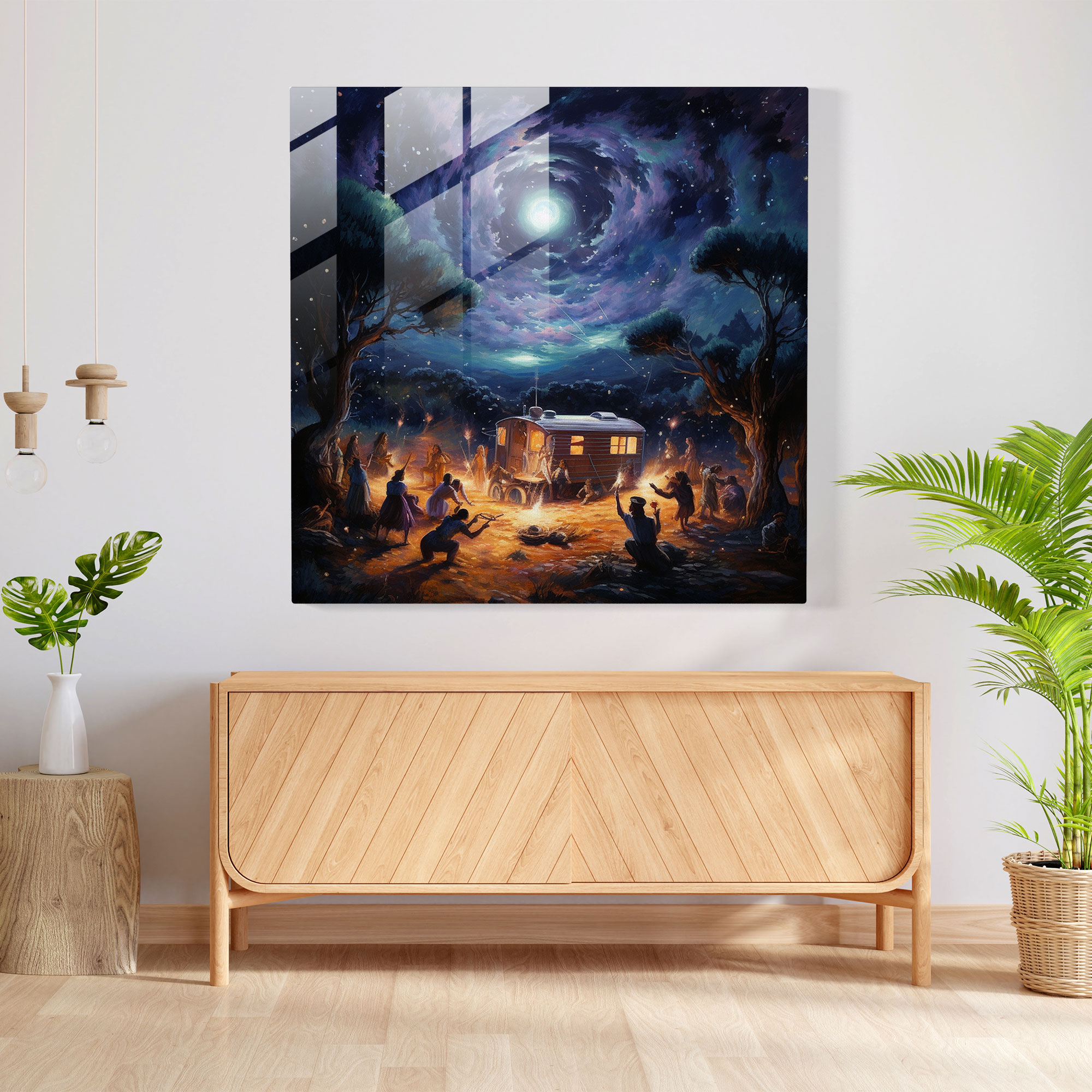 Glass Print - Gypsy Caravan Nights - Caravan, Starry Night Sky, Impressionist Painting, Bonfire