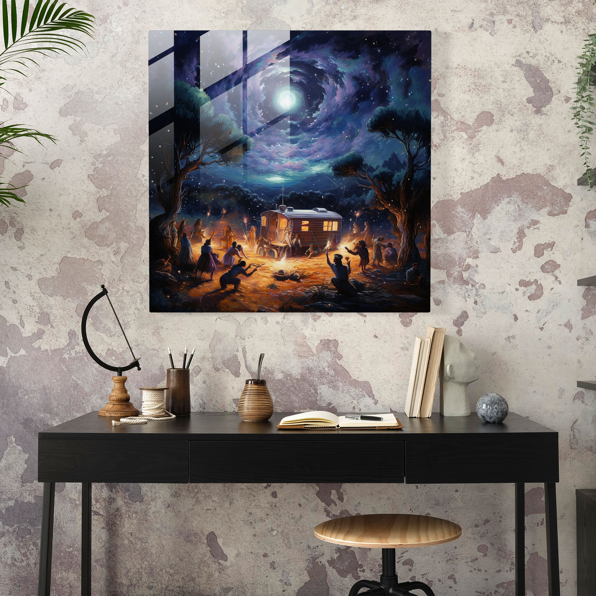 Glass Print - Gypsy Caravan Nights - Caravan, Starry Night Sky, Impressionist Painting, Bonfire