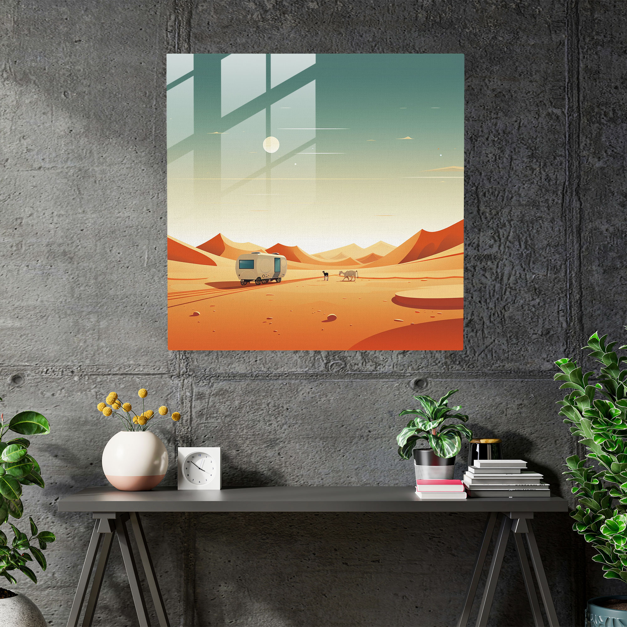 Glass Print - Desert Caravan Journey - Caravan, Desert, Elegant, Clean Lines