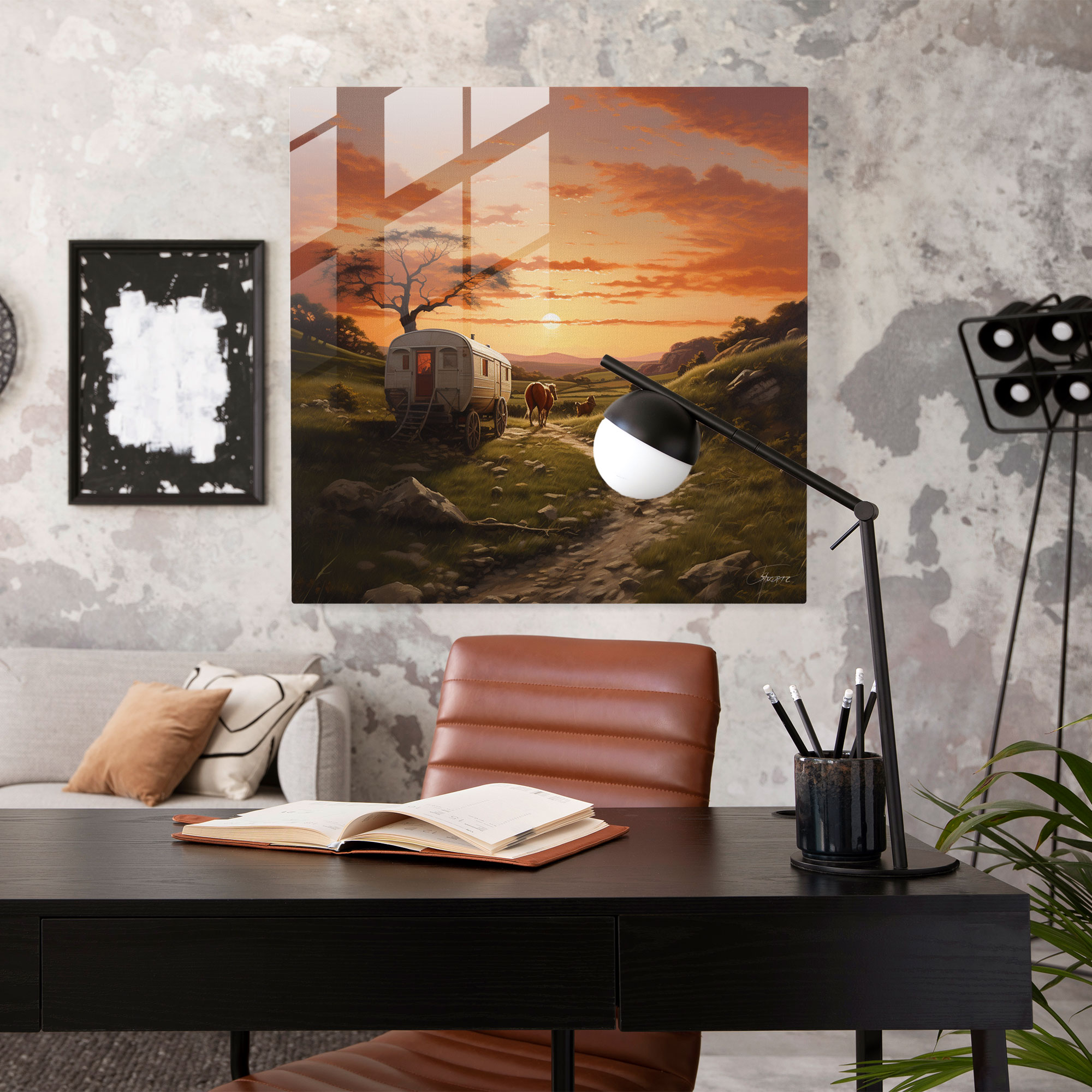 Glass Print - Countryside Caravan Voyage - Caravan, Glass Wall Art, Sunset, Modern Art