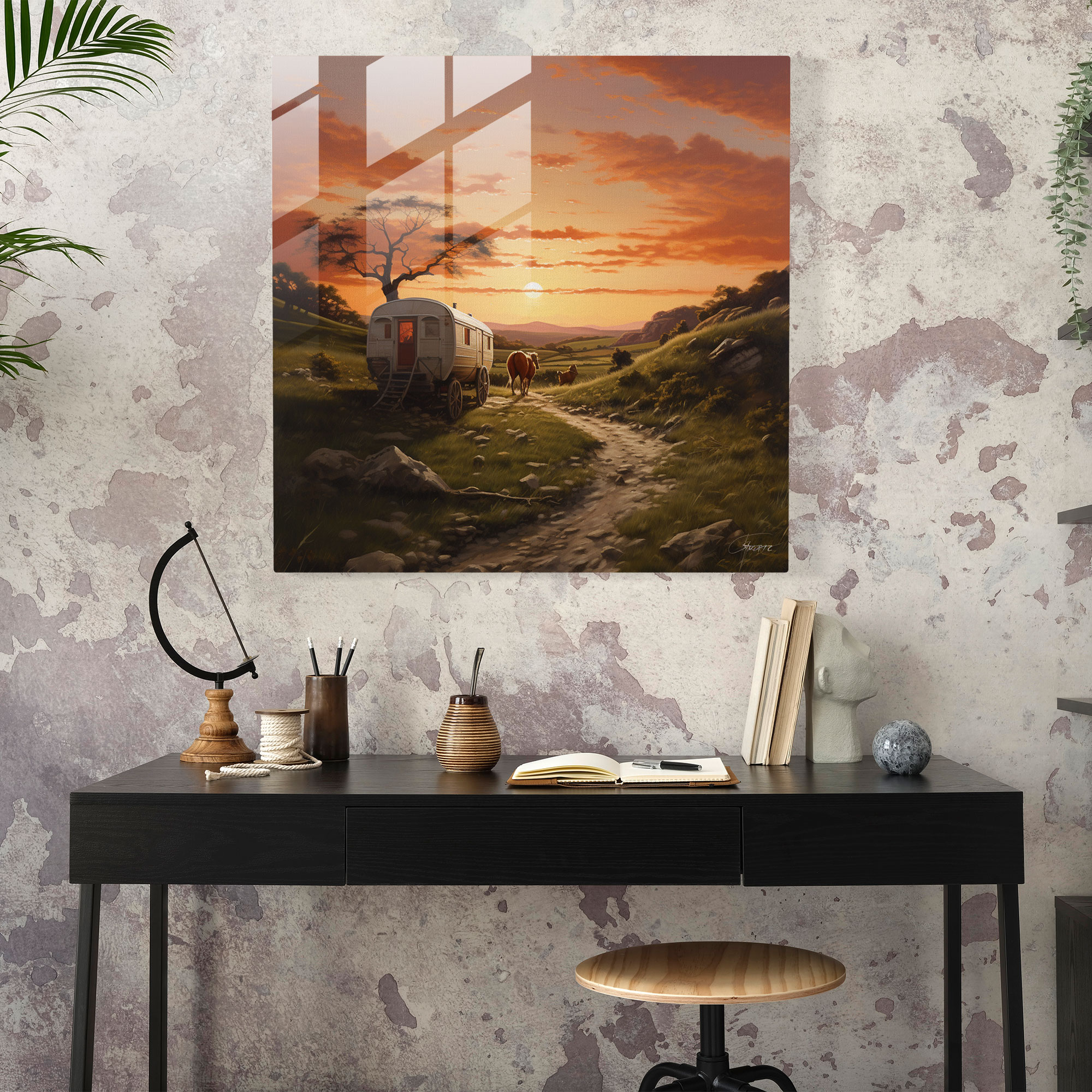 Glass Print - Countryside Caravan Voyage - Caravan, Glass Wall Art, Sunset, Modern Art