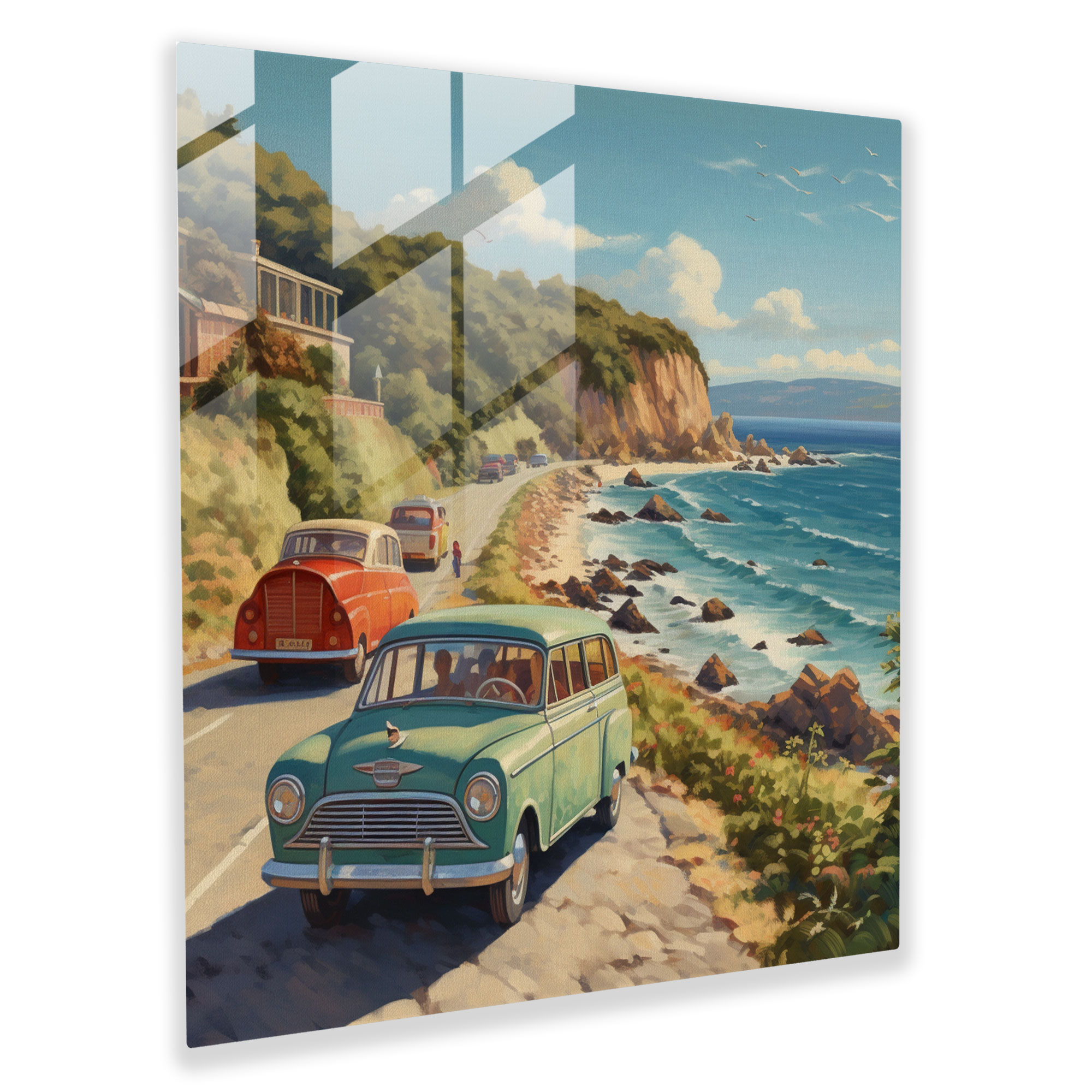 Glass Print - Coastal Caravan Journey - Caravan, Caravan, Vintage Cars, Coastal Road