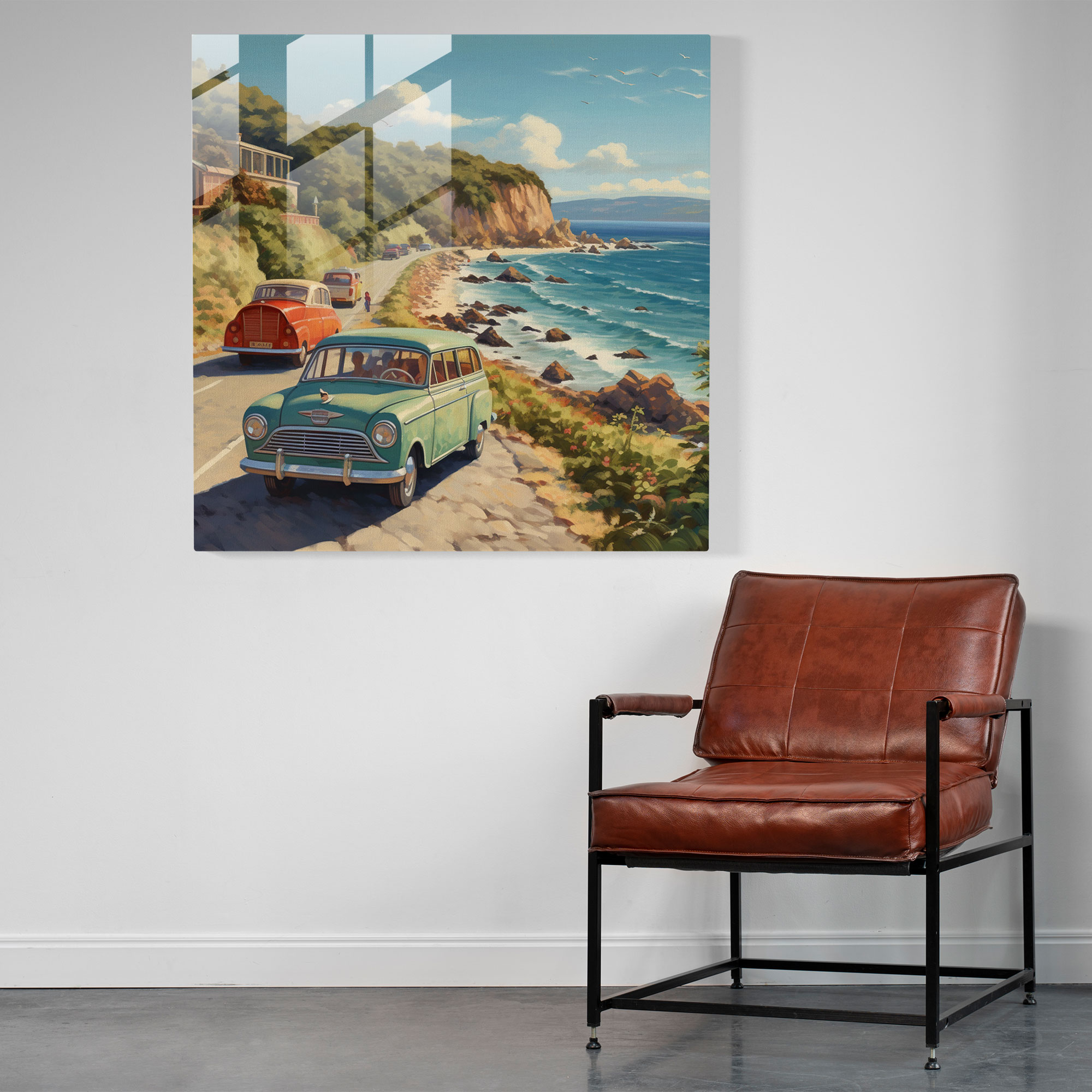 Glass Print - Coastal Caravan Journey - Caravan, Caravan, Vintage Cars, Coastal Road