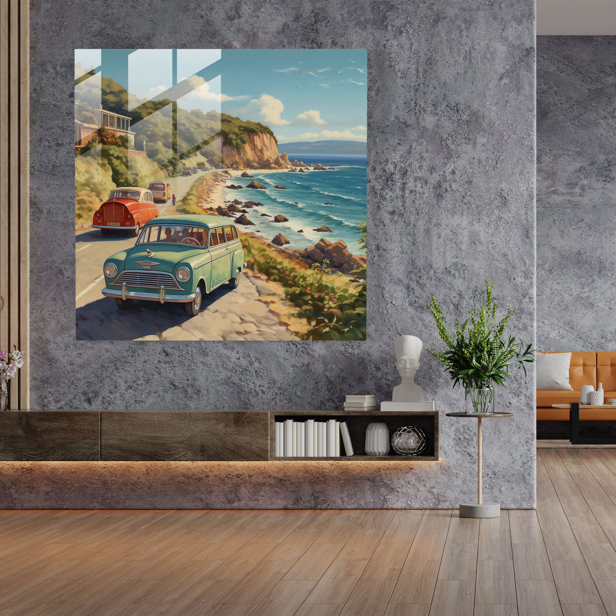 Glass Print - Coastal Caravan Journey - Caravan, Caravan, Vintage Cars, Coastal Road