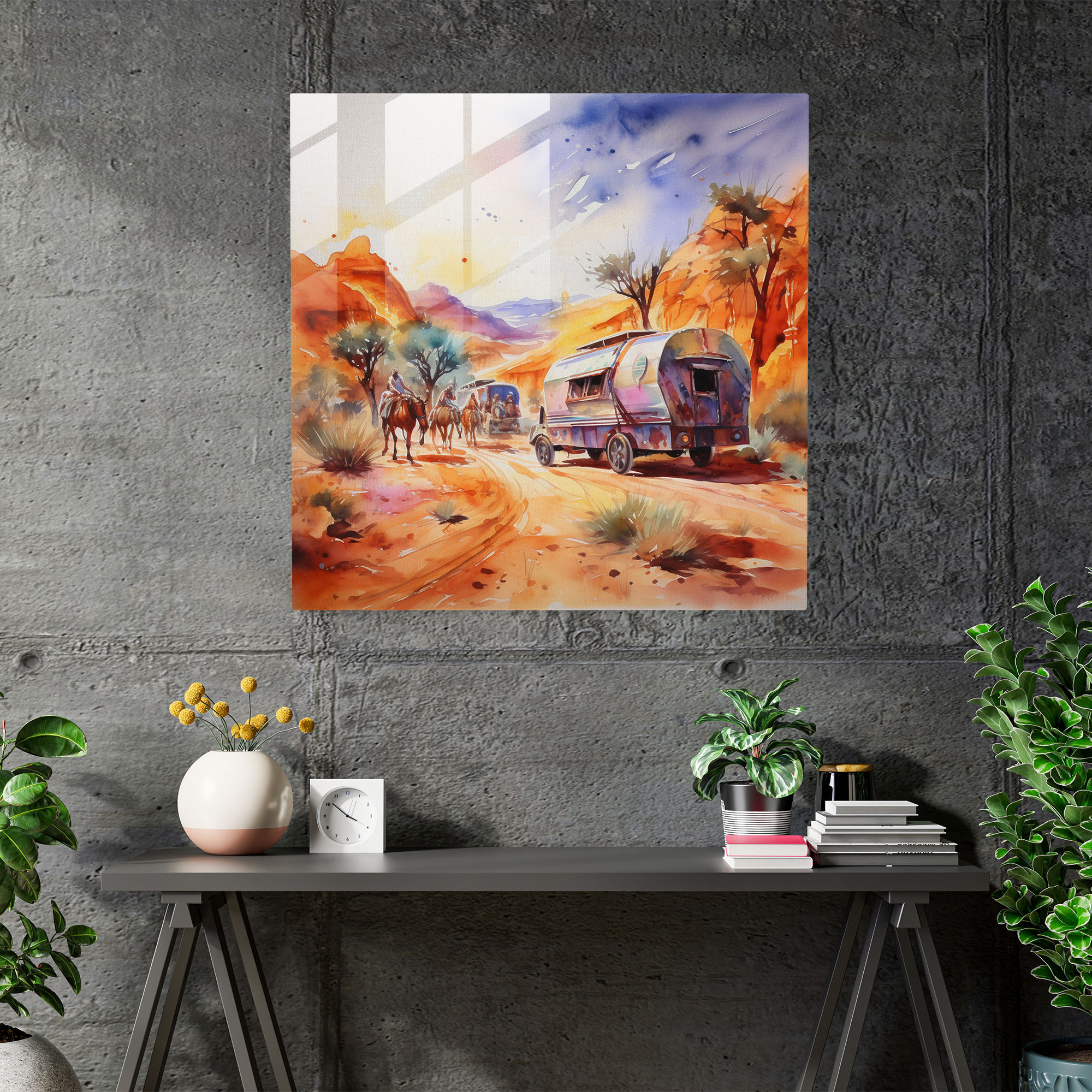 Caravan Adventure Glass Print - Caravan, Abstract, Glass Wall Art, Watercolor
