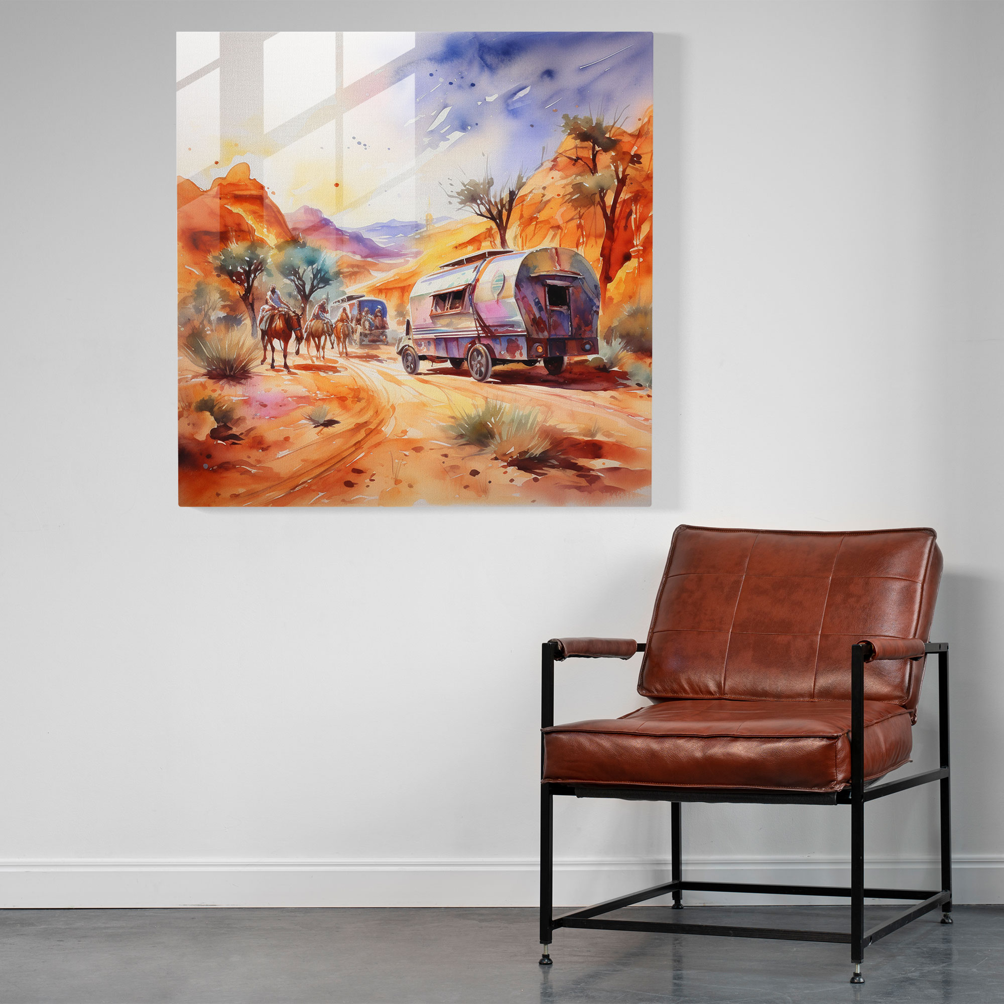 Caravan Adventure Glass Print - Caravan, Abstract, Glass Wall Art, Watercolor