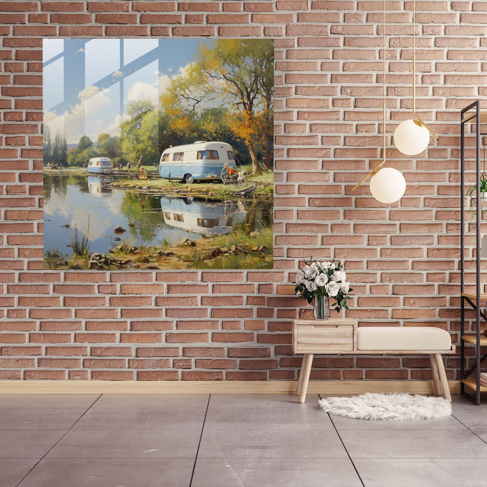 Riverside Caravan Glass Print - Caravan, Wall Decoration, Impressionist, Tranquil