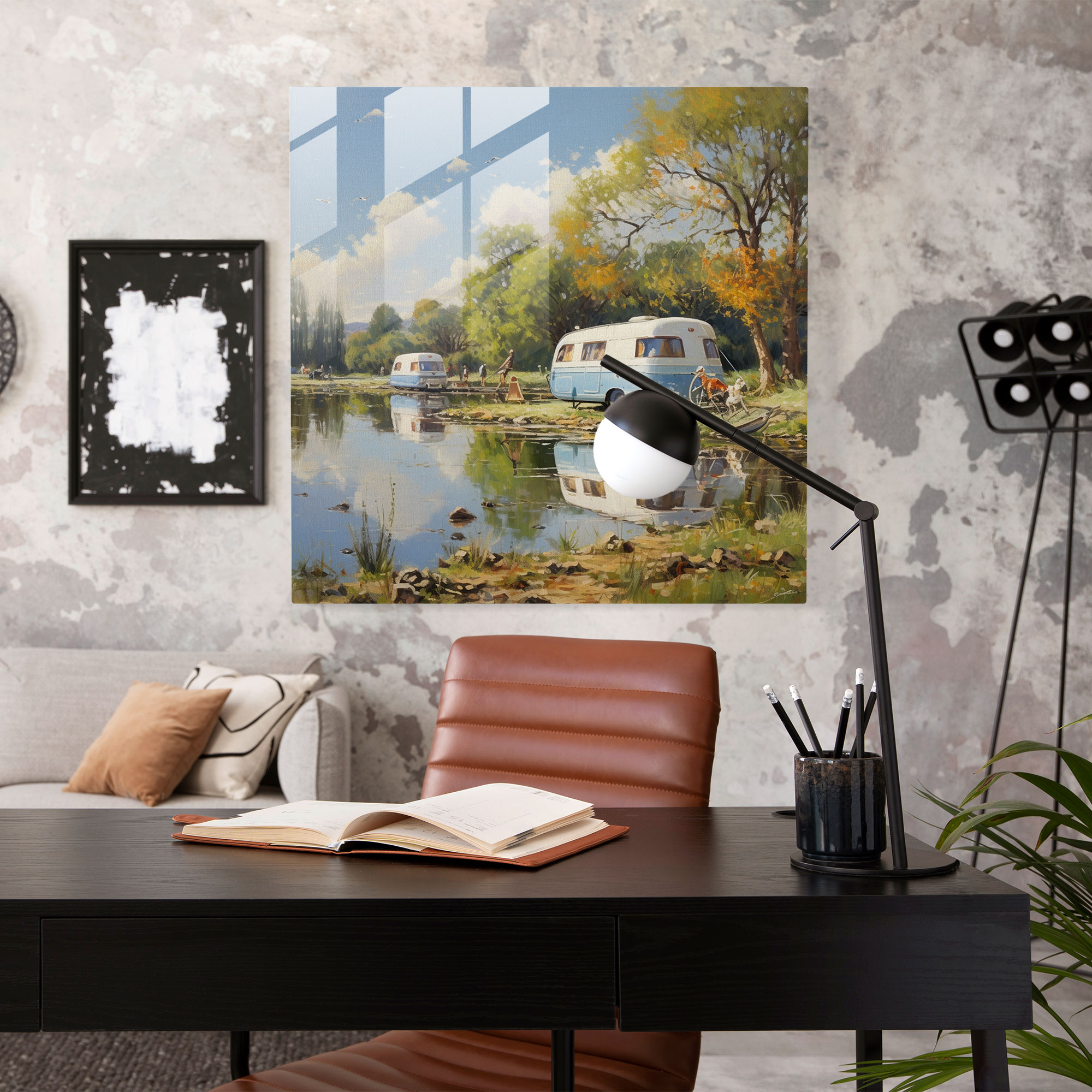 Riverside Caravan Glass Print - Caravan, Wall Decoration, Impressionist, Tranquil