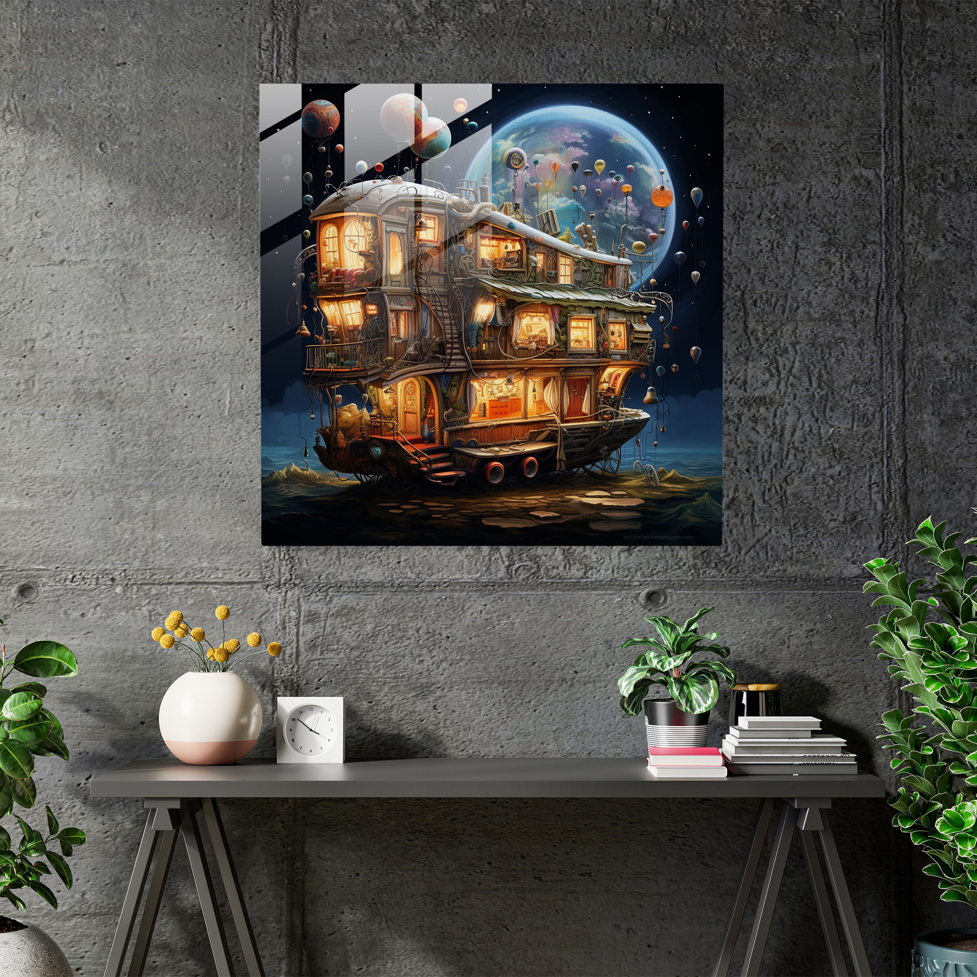 Whimsical Caravan Glass Print - Caravan, Dreamlike, Glass Art, Caravan