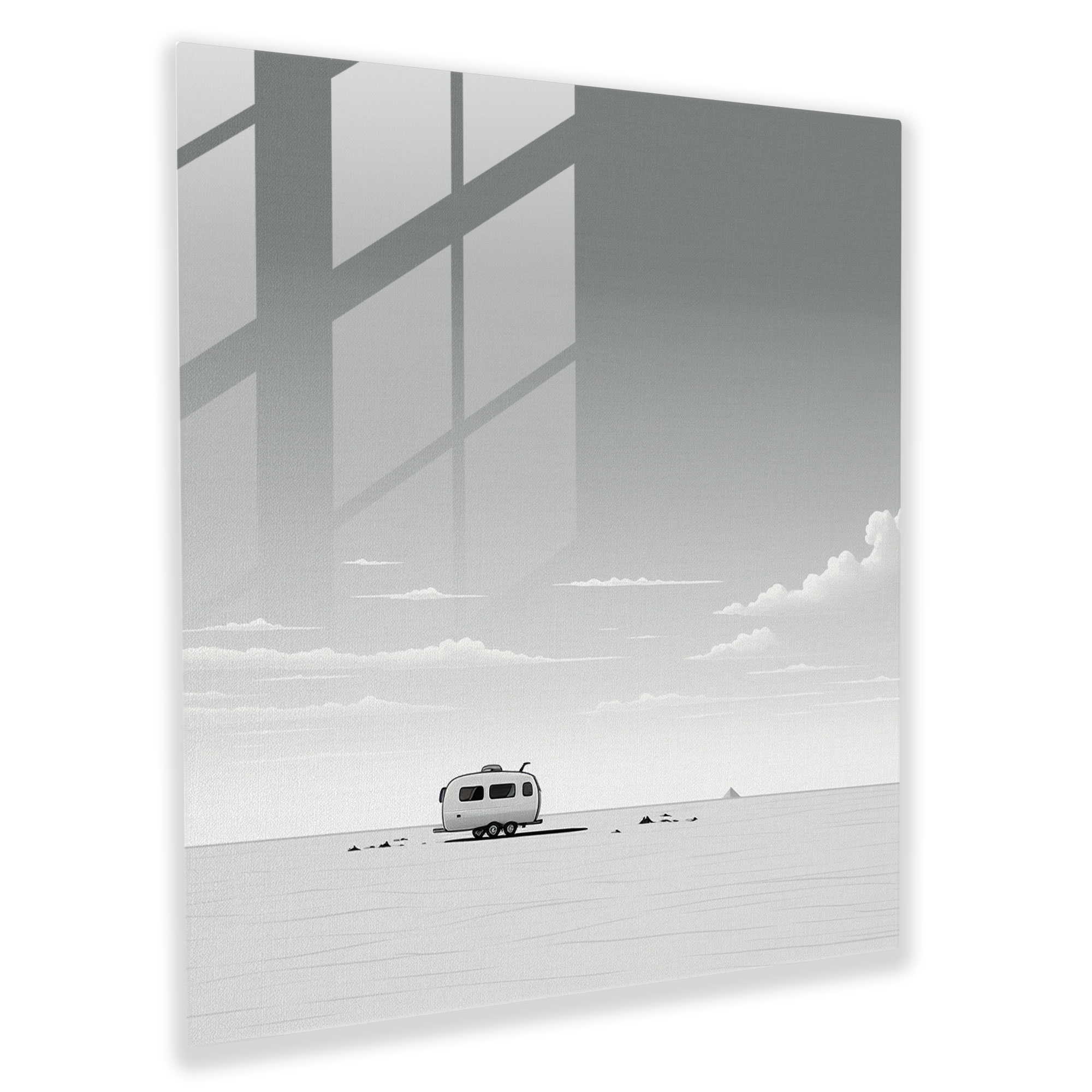 Simplicity Caravan Glass Print - Caravan, Minimalist Black And White Illustration, Modern Art, Simplicity