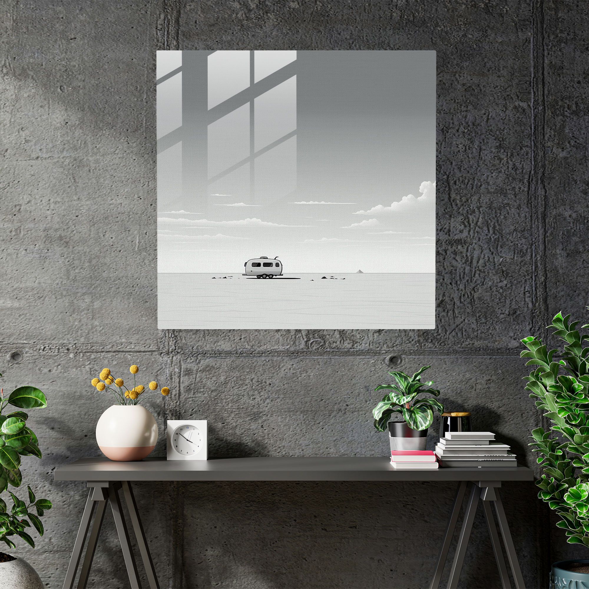 Simplicity Caravan Glass Print - Caravan, Minimalist Black And White Illustration, Modern Art, Simplicity