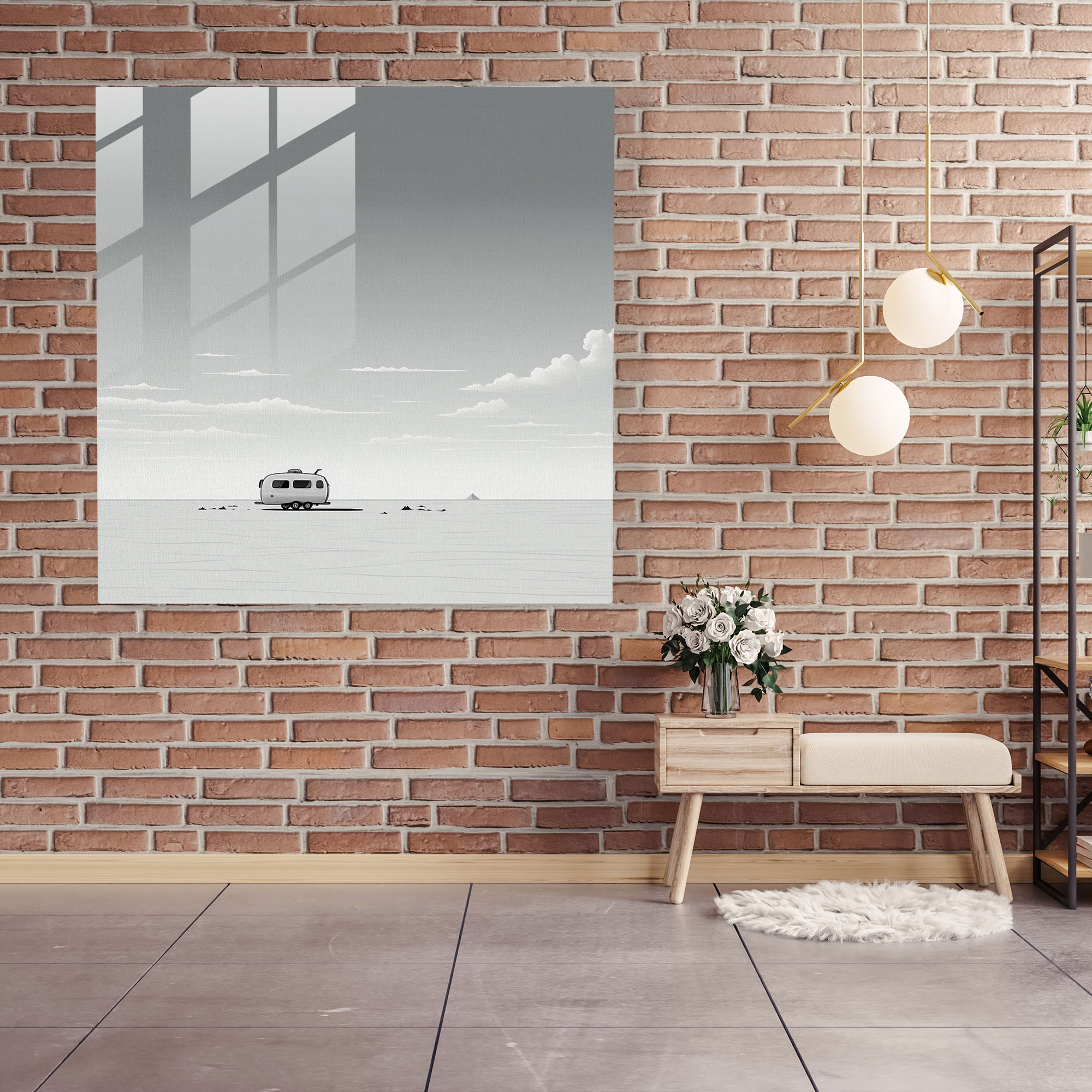 Simplicity Caravan Glass Print - Caravan, Minimalist Black And White Illustration, Modern Art, Simplicity