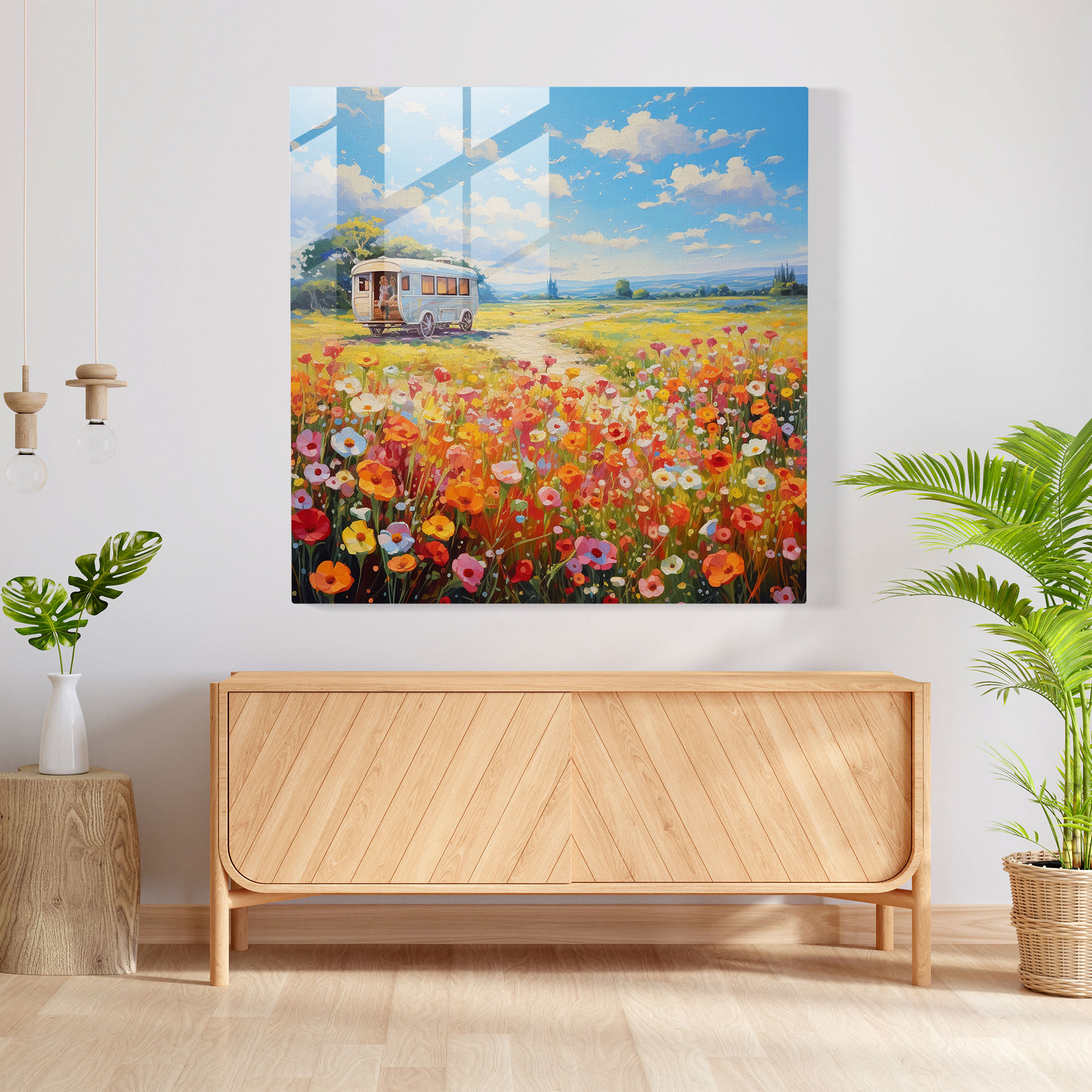 Blooming Caravan Glass Print - Caravan, Blooming Flowers, Vibrant, Glass Wall Art