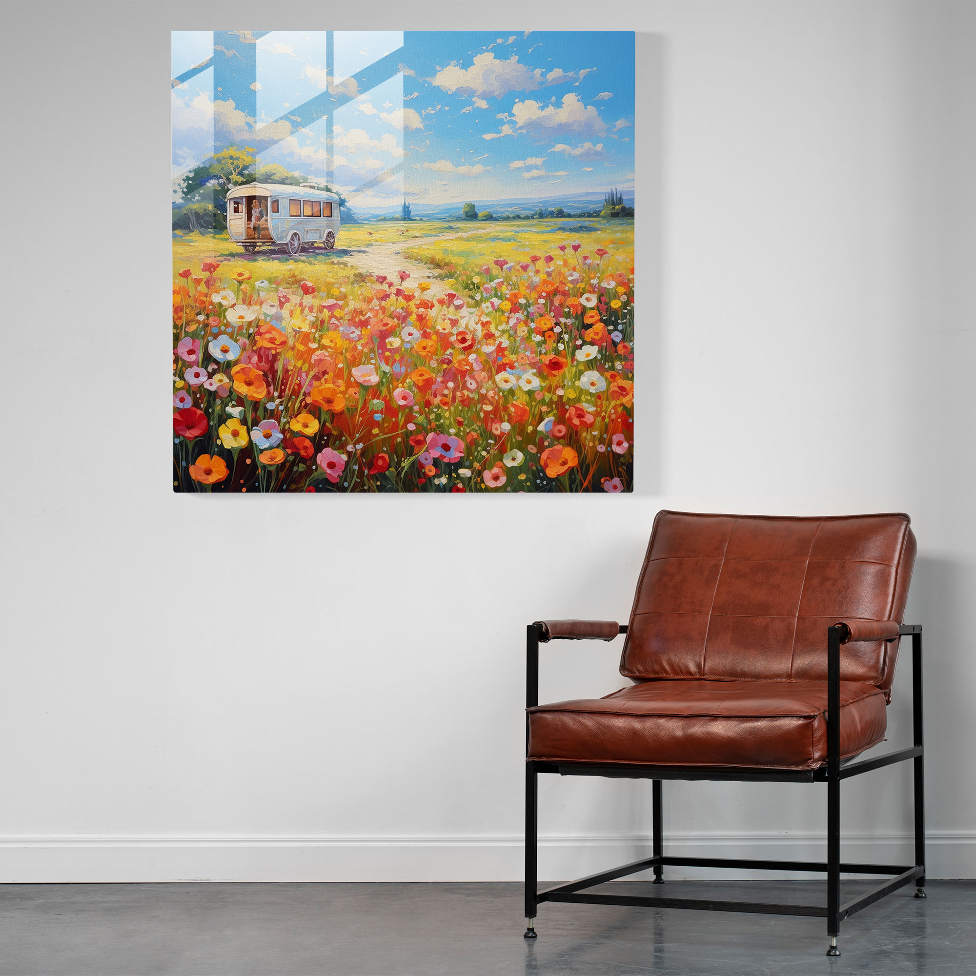 Blooming Caravan Glass Print - Caravan, Blooming Flowers, Vibrant, Glass Wall Art
