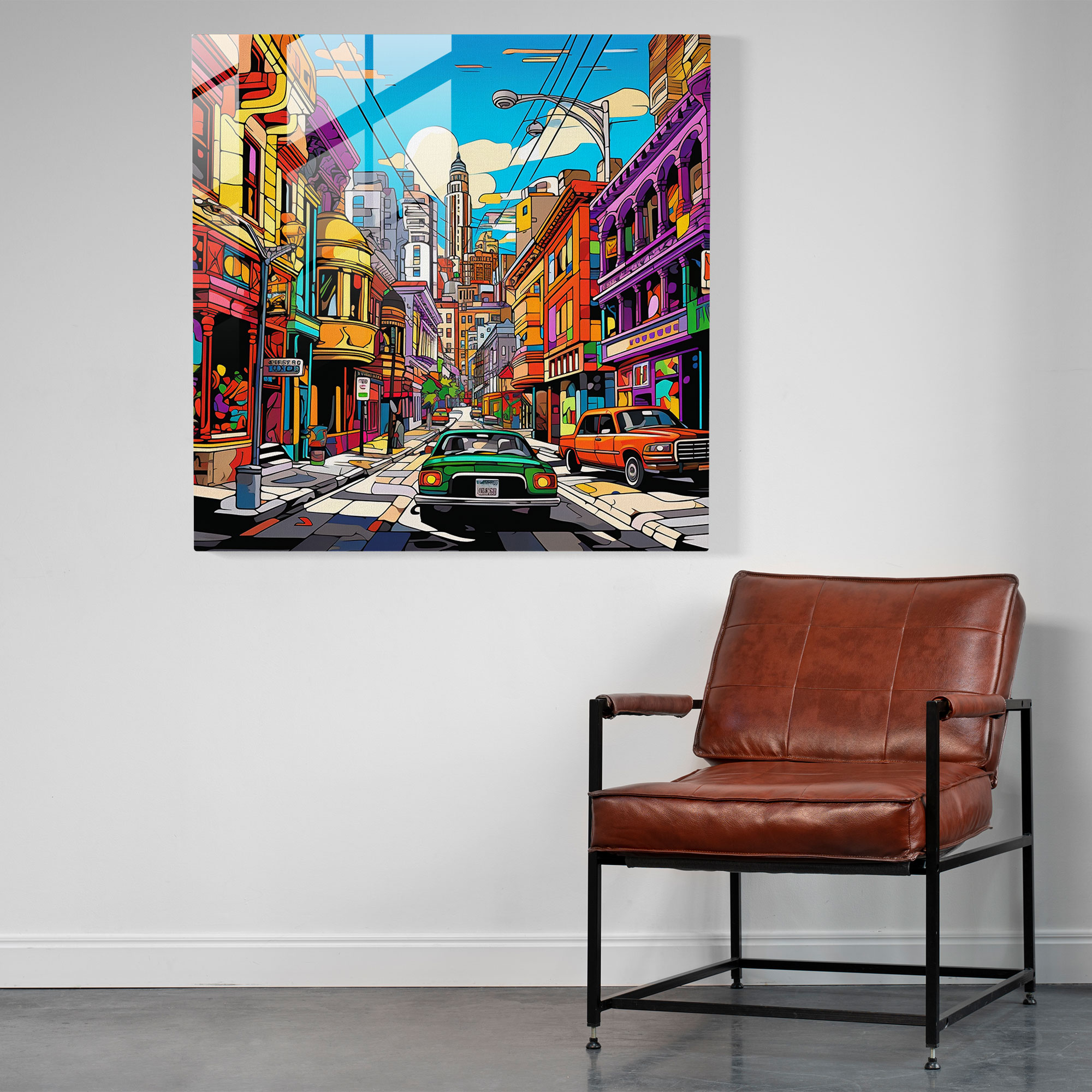Glasbild Pop Art City - Bunte urbane Atmosphäre