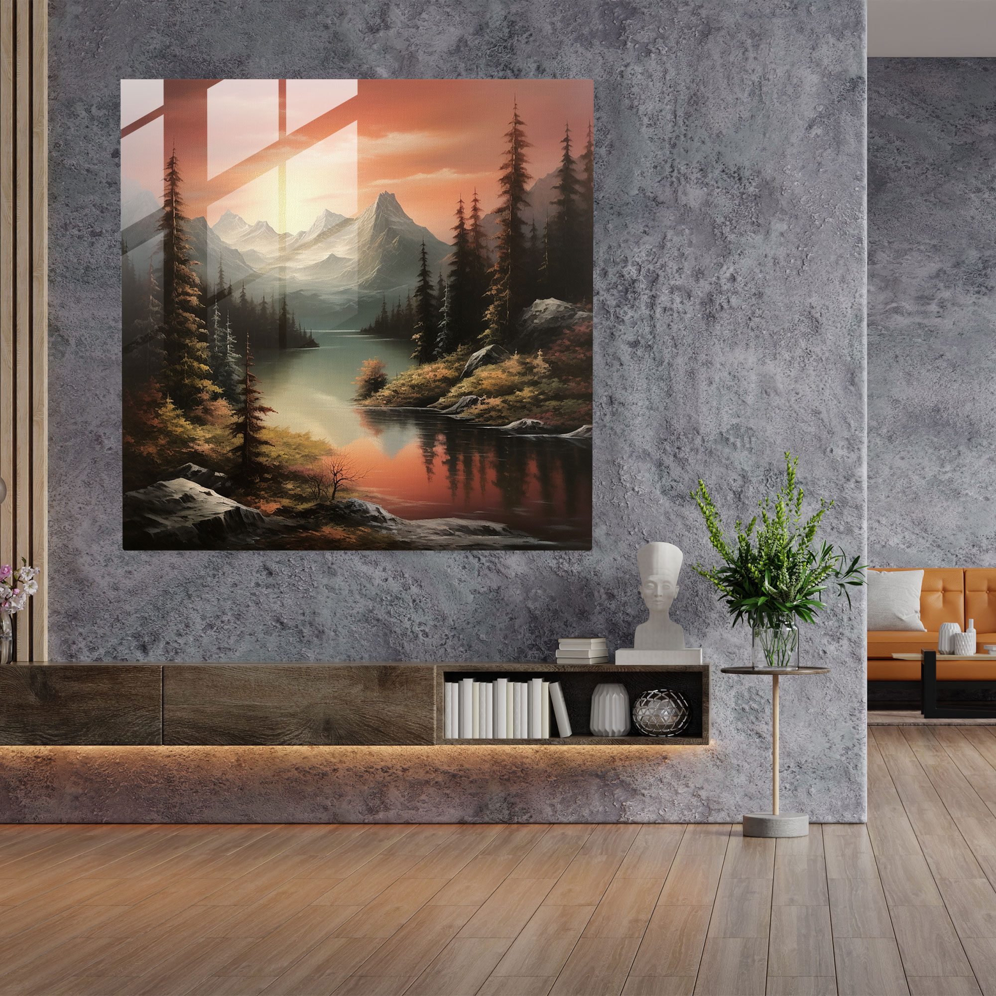 Majestic Glass Print: Serene Mountain Reflections Glass Wall Art