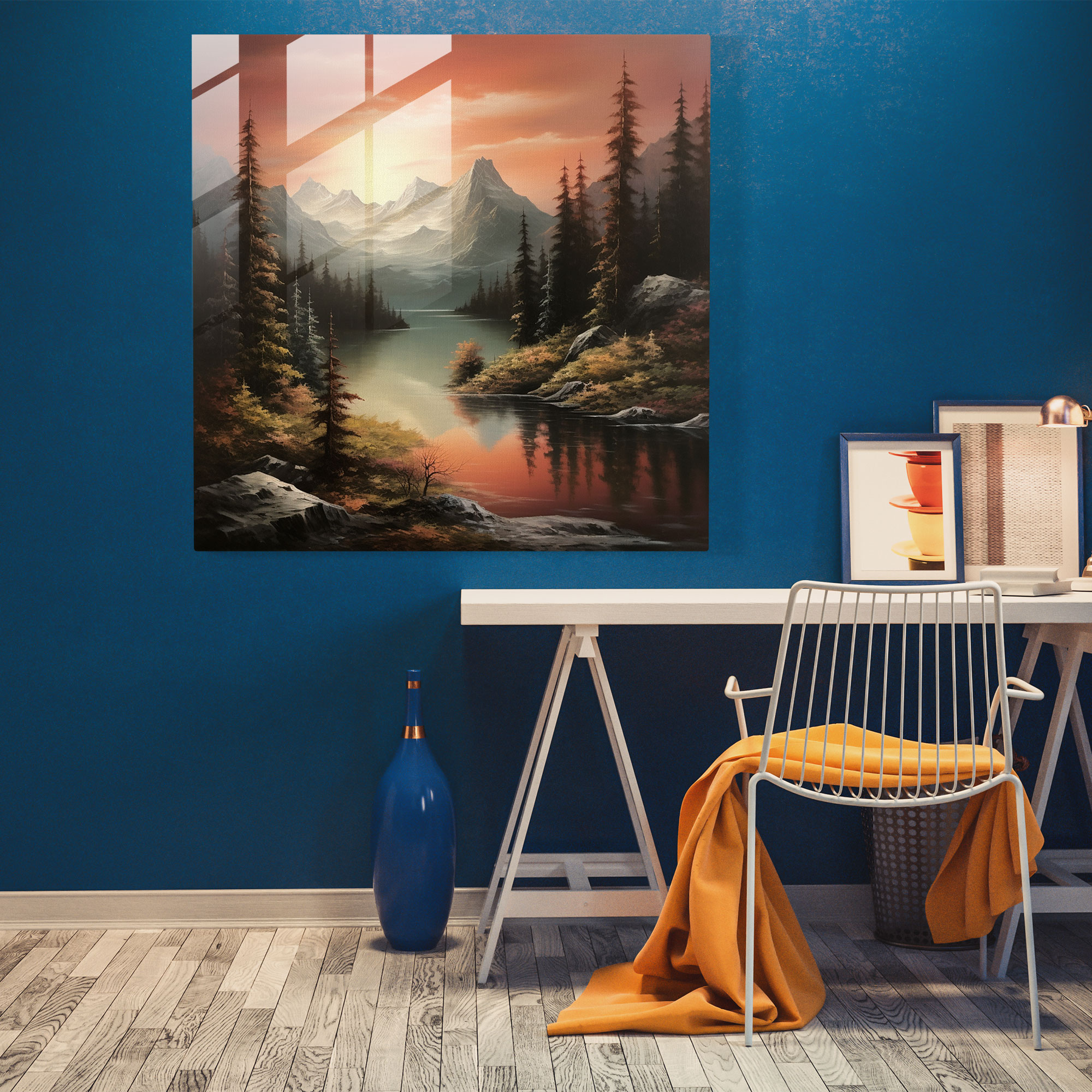 Majestic Glass Print: Serene Mountain Reflections Glass Wall Art