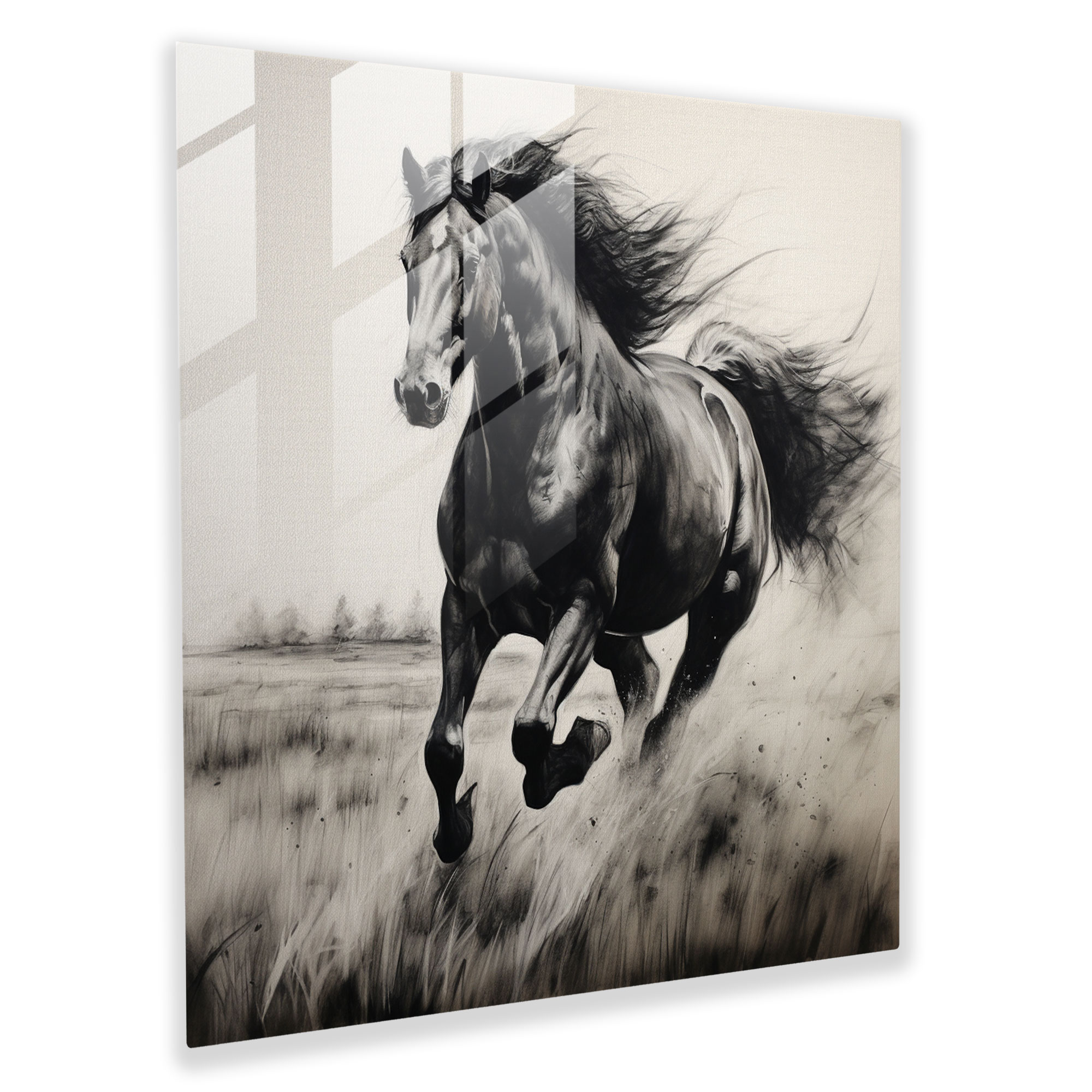 Realistic Charcoal Wild Stallion Glass Print - Home Decoration Wall Decor Glass Wall Art Glass Art Modern Art Work