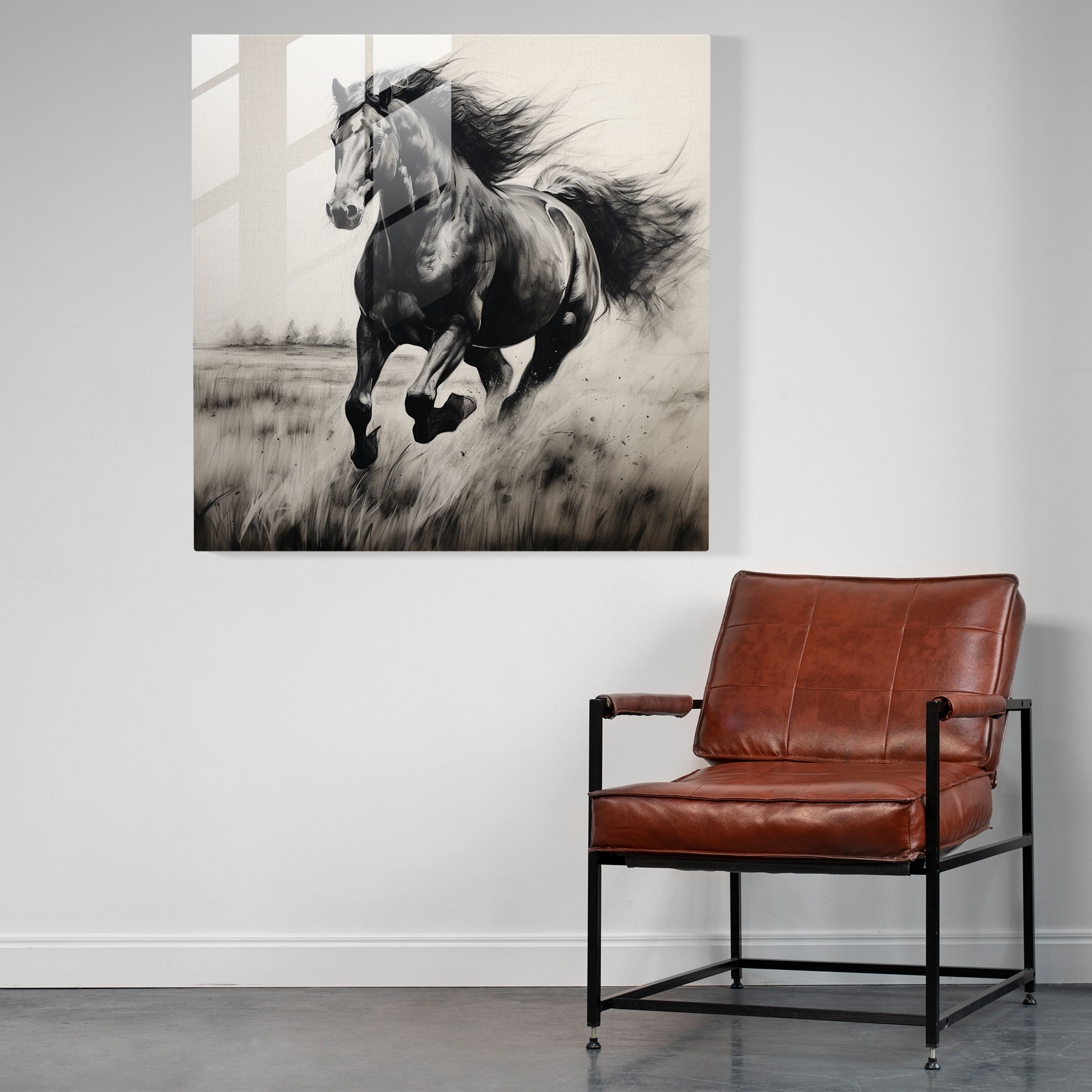 Realistic Charcoal Wild Stallion Glass Print - Home Decoration Wall Decor Glass Wall Art Glass Art Modern Art Work