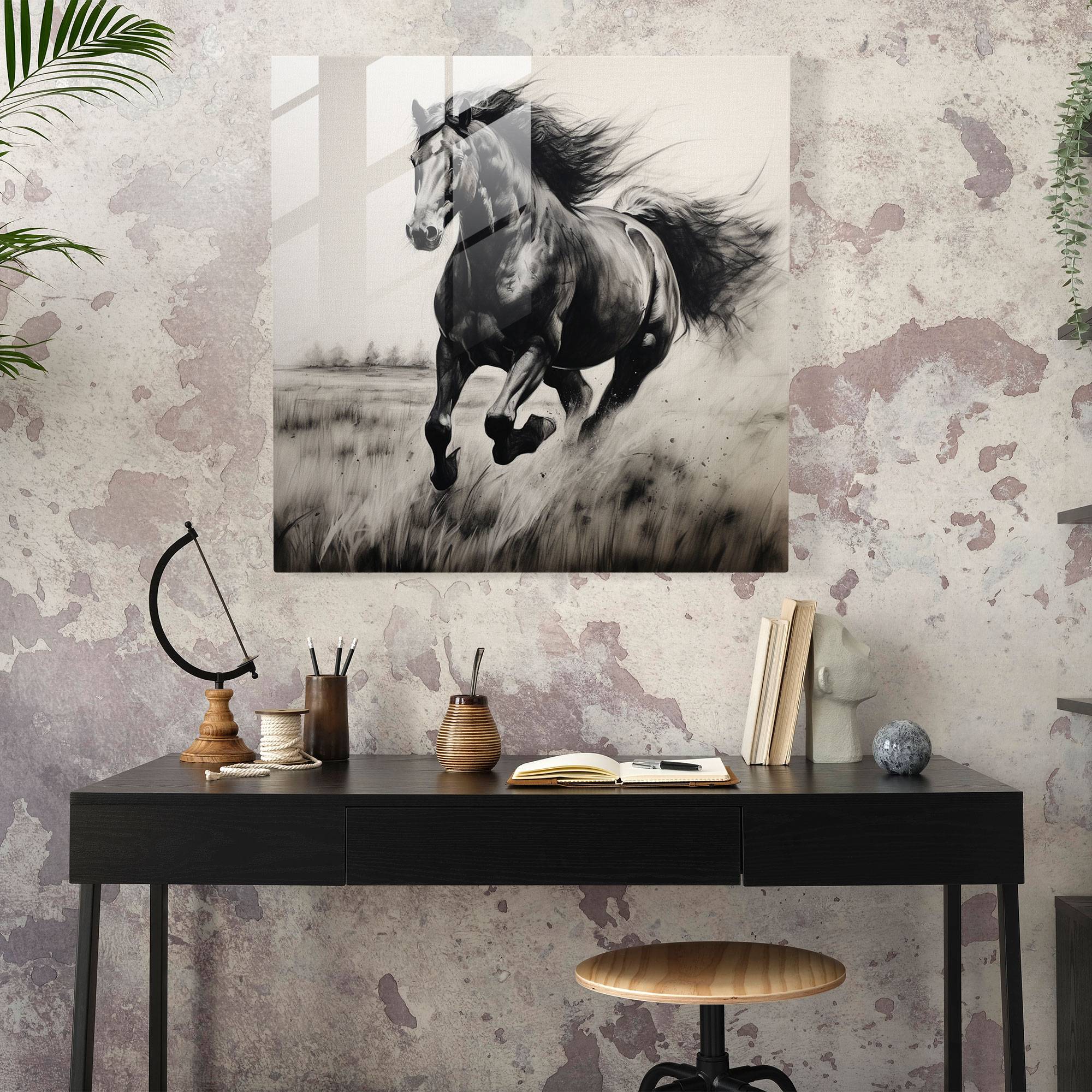 Realistic Charcoal Wild Stallion Glass Print - Home Decoration Wall Decor Glass Wall Art Glass Art Modern Art Work