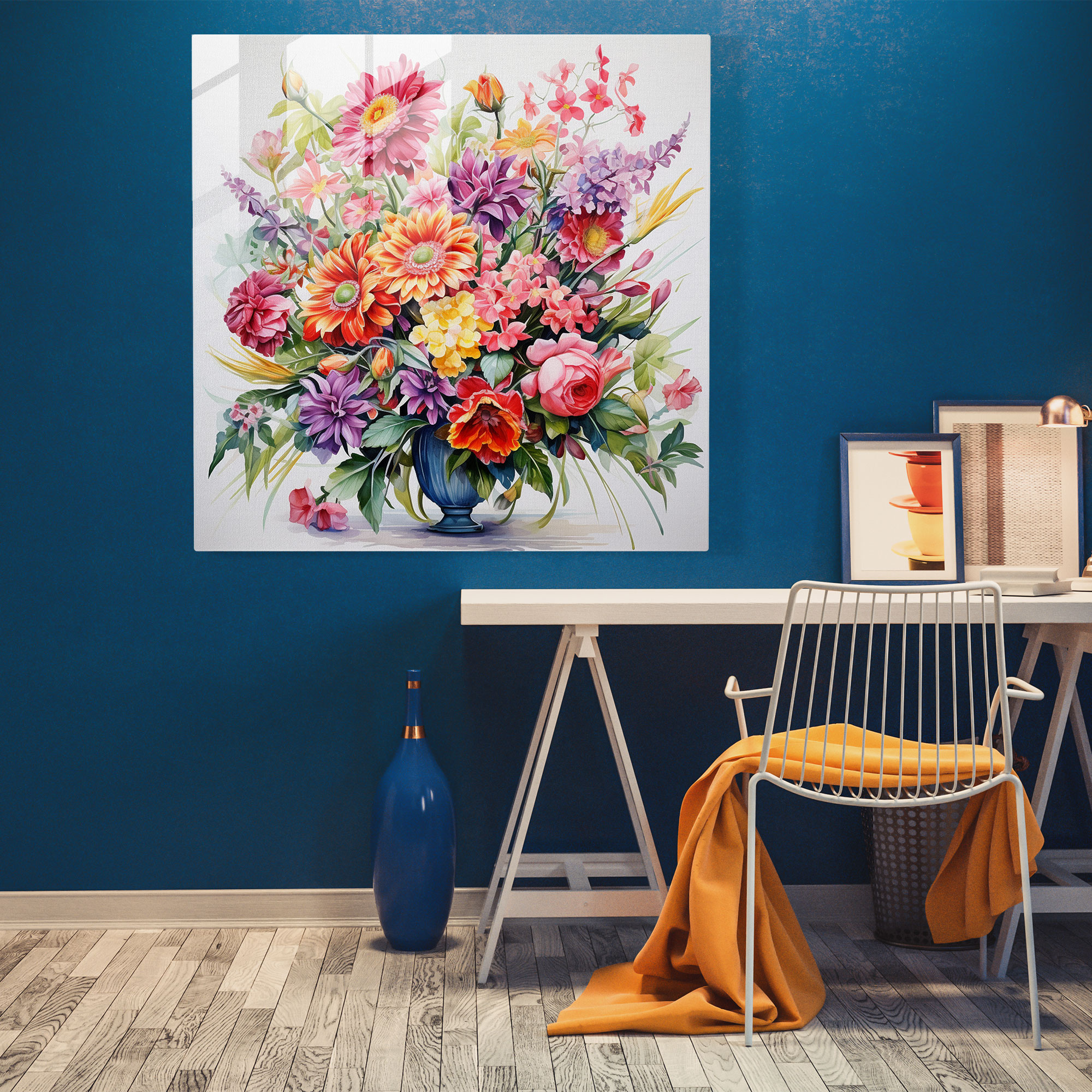 Charming Glass Print: Bursting Florals in Classic Watercolor