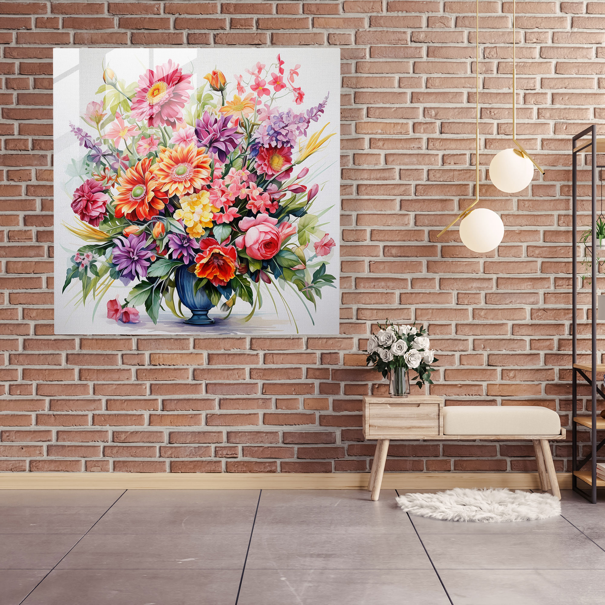 Charming Glass Print: Bursting Florals in Classic Watercolor