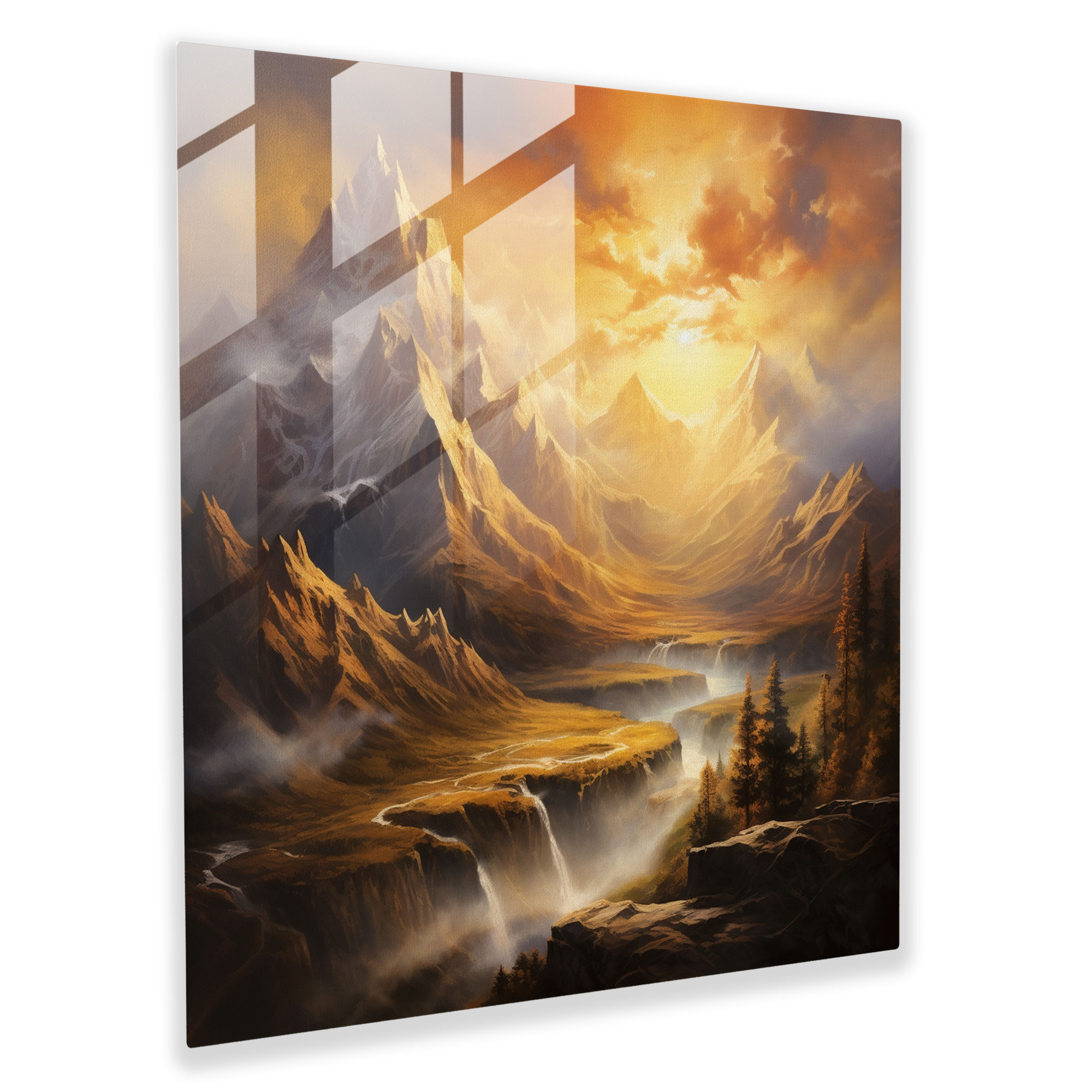 Exquisite Glass Print: Majestic Mountains Bathed in Golden Sunlight