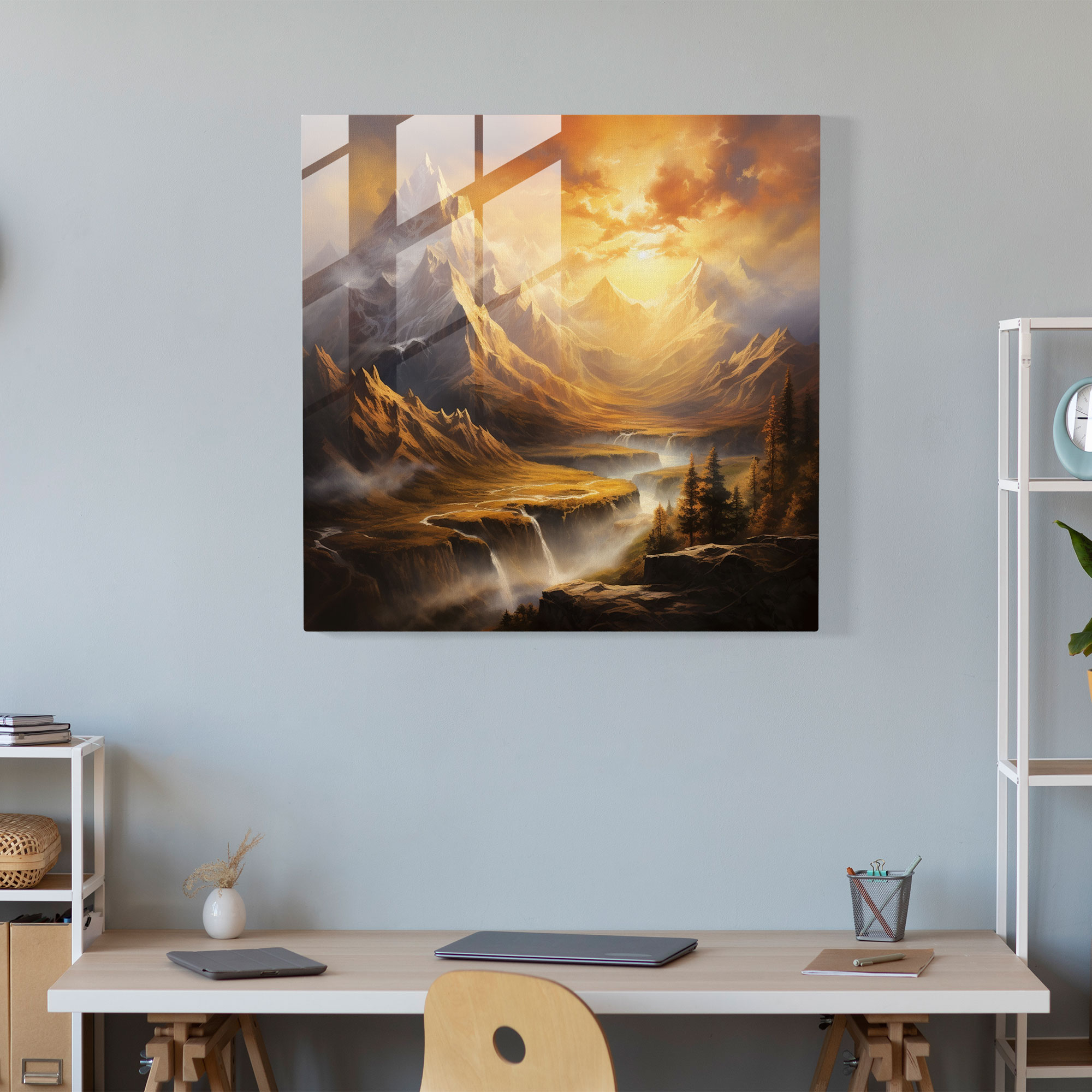 Exquisite Glass Print: Majestic Mountains Bathed in Golden Sunlight