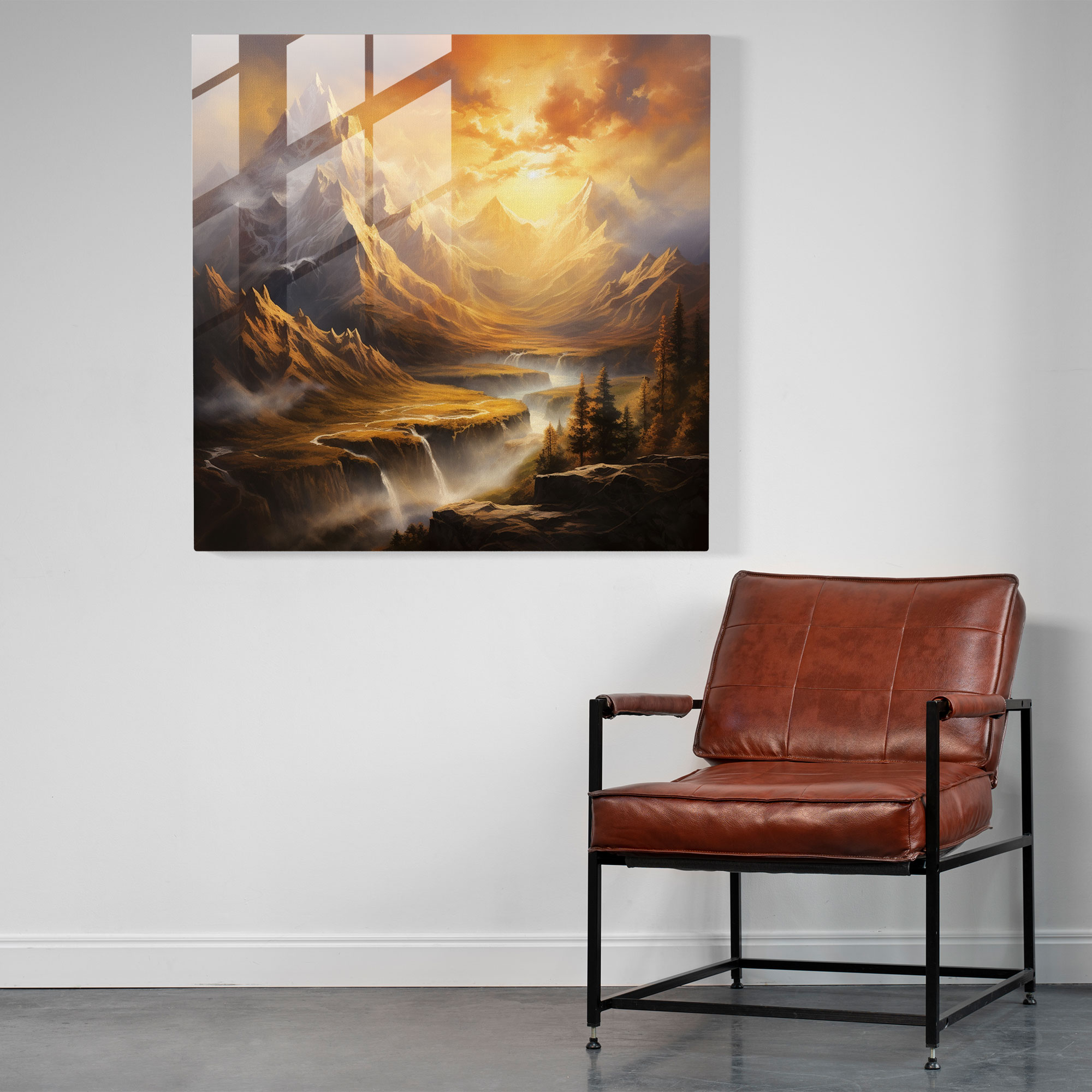 Exquisite Glass Print: Majestic Mountains Bathed in Golden Sunlight