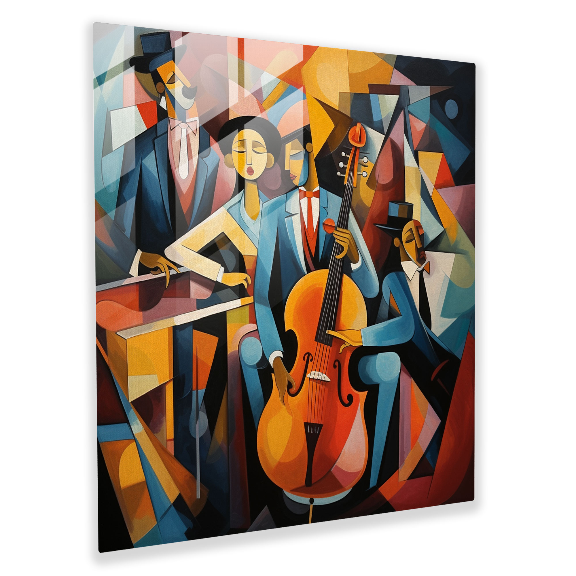 Cubist Glass Print: Lively Jazz Band, Abstract Shapes, Fragmented Forms Glass Wall Art
