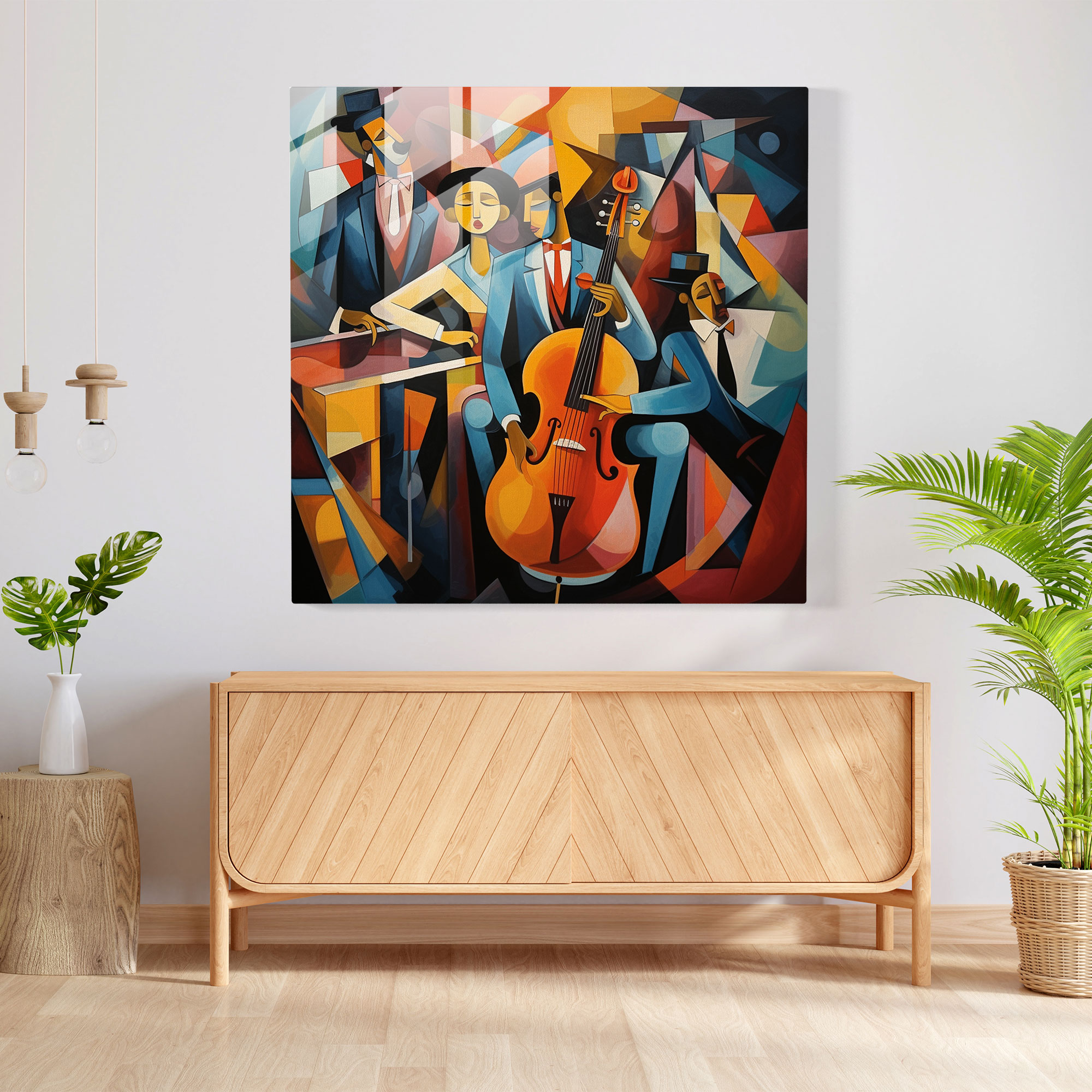 Cubist Glass Print: Lively Jazz Band, Abstract Shapes, Fragmented Forms Glass Wall Art